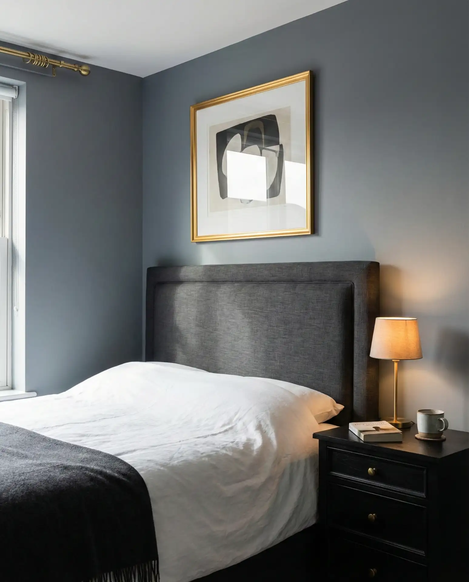 Dark Moody Gray Bedroom with Brass Hardware 2