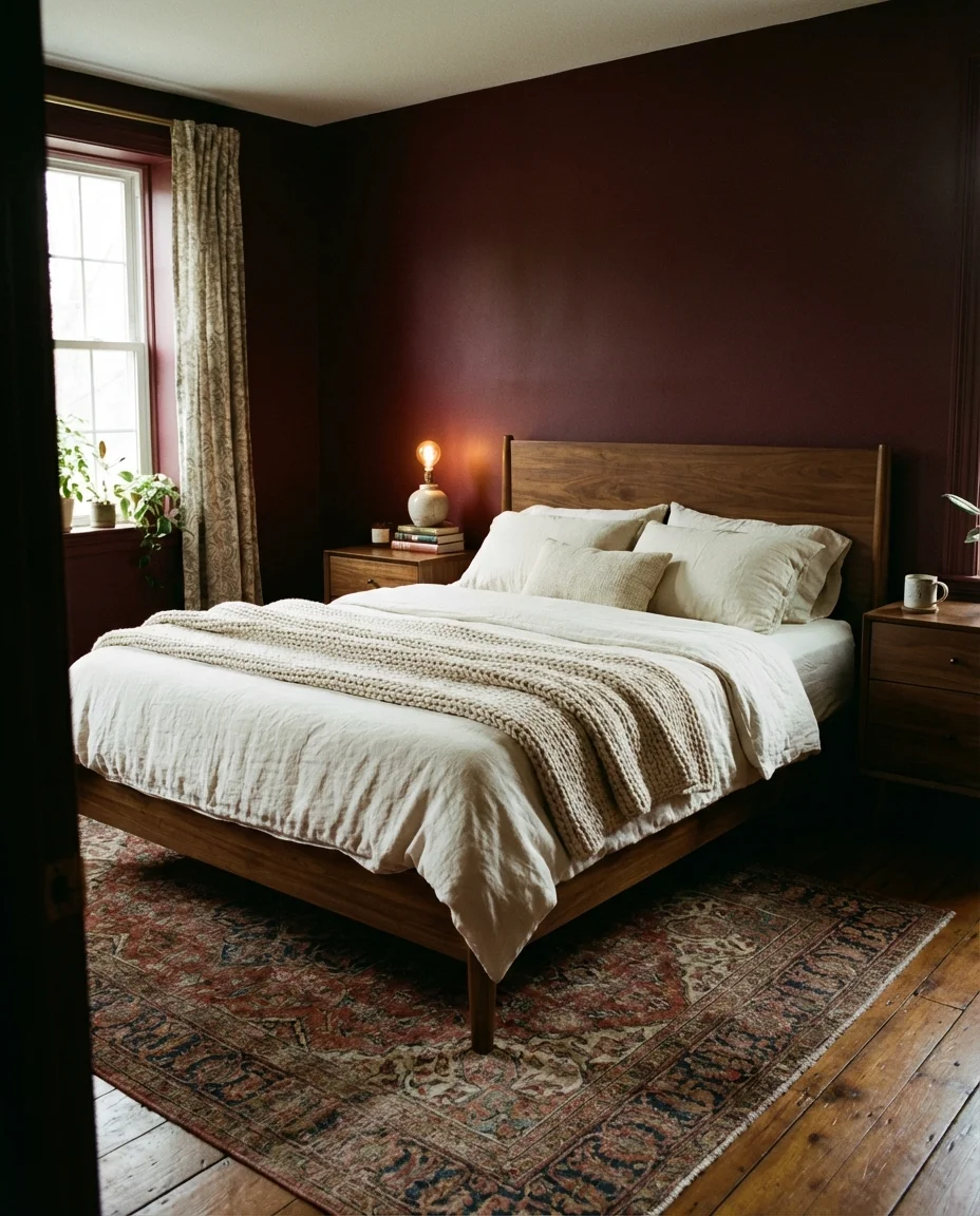 Dark Red Walls with Warm Wood Accents 1