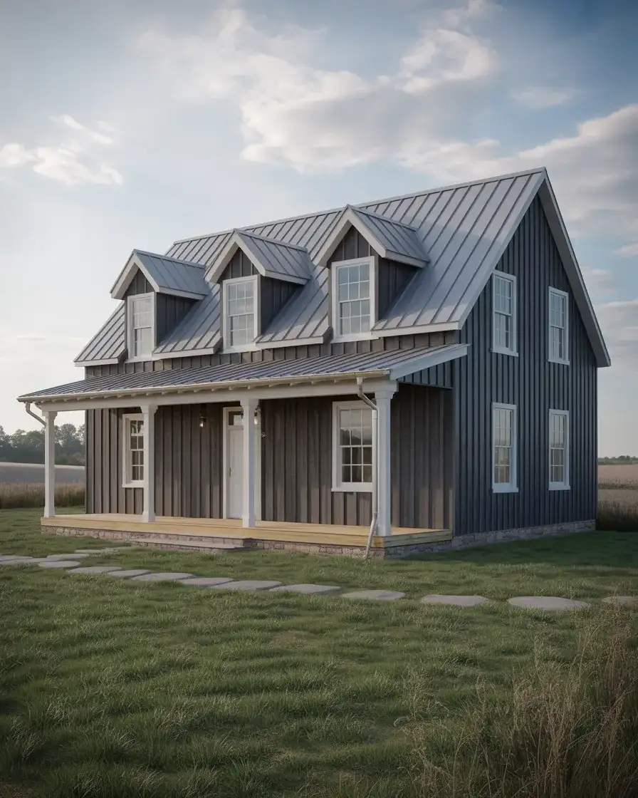 Deep Gray Board and Batten with Metal Roof and White Trim 1