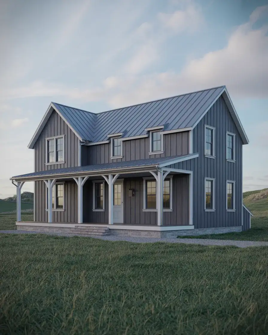 Deep Gray Board and Batten with Metal Roof and White Trim 2