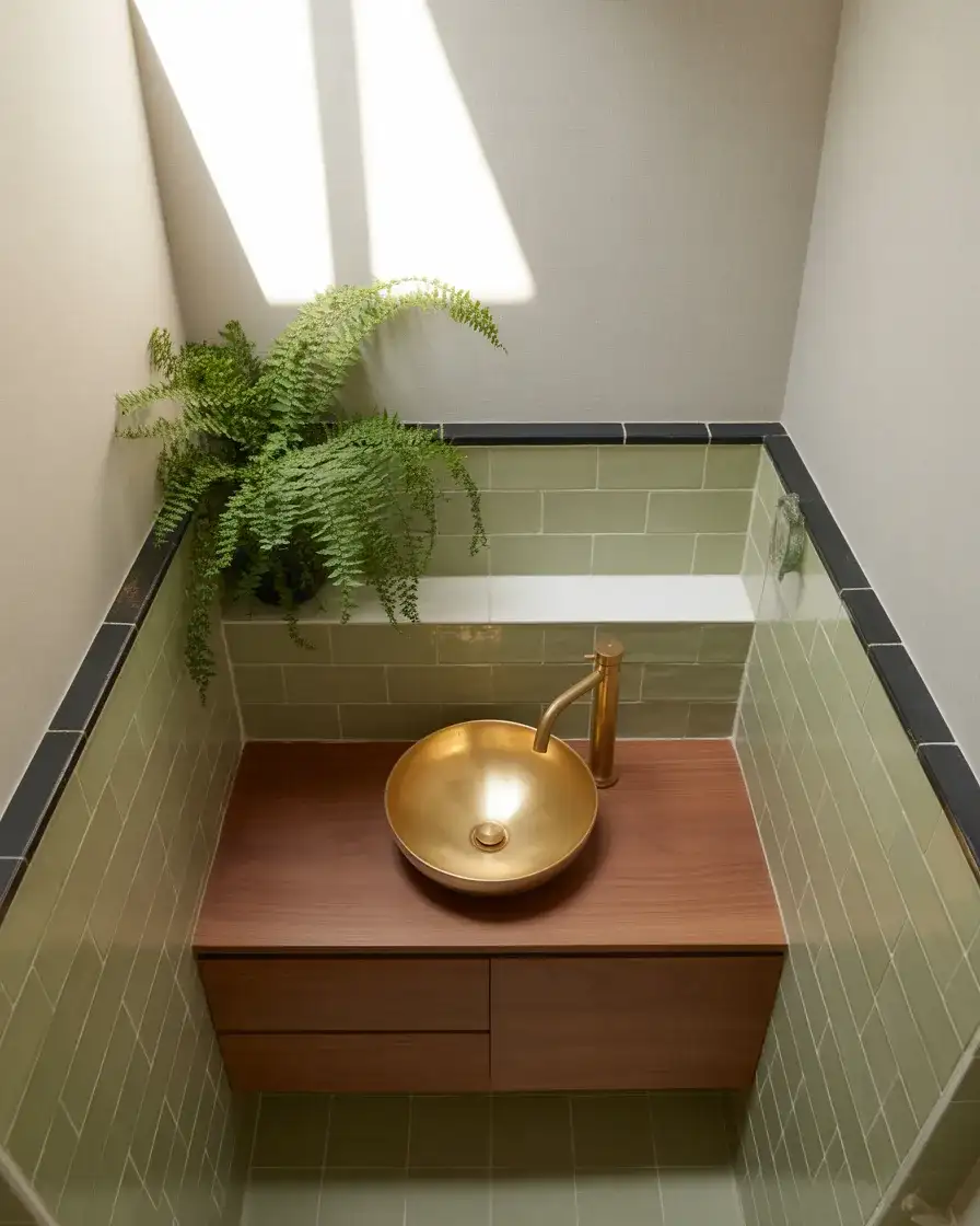 Deep Green Powder Room with Earthy Tiles 1