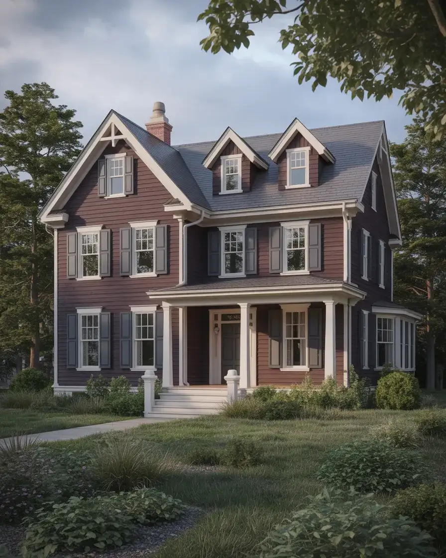 Deep Plum Brown with White Windows on Large Houses 1