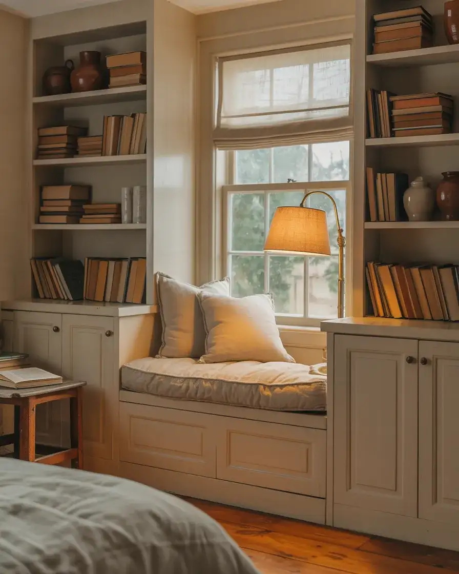 Farmhouse Bedroom Reading Nook with Built-in Shelves 1