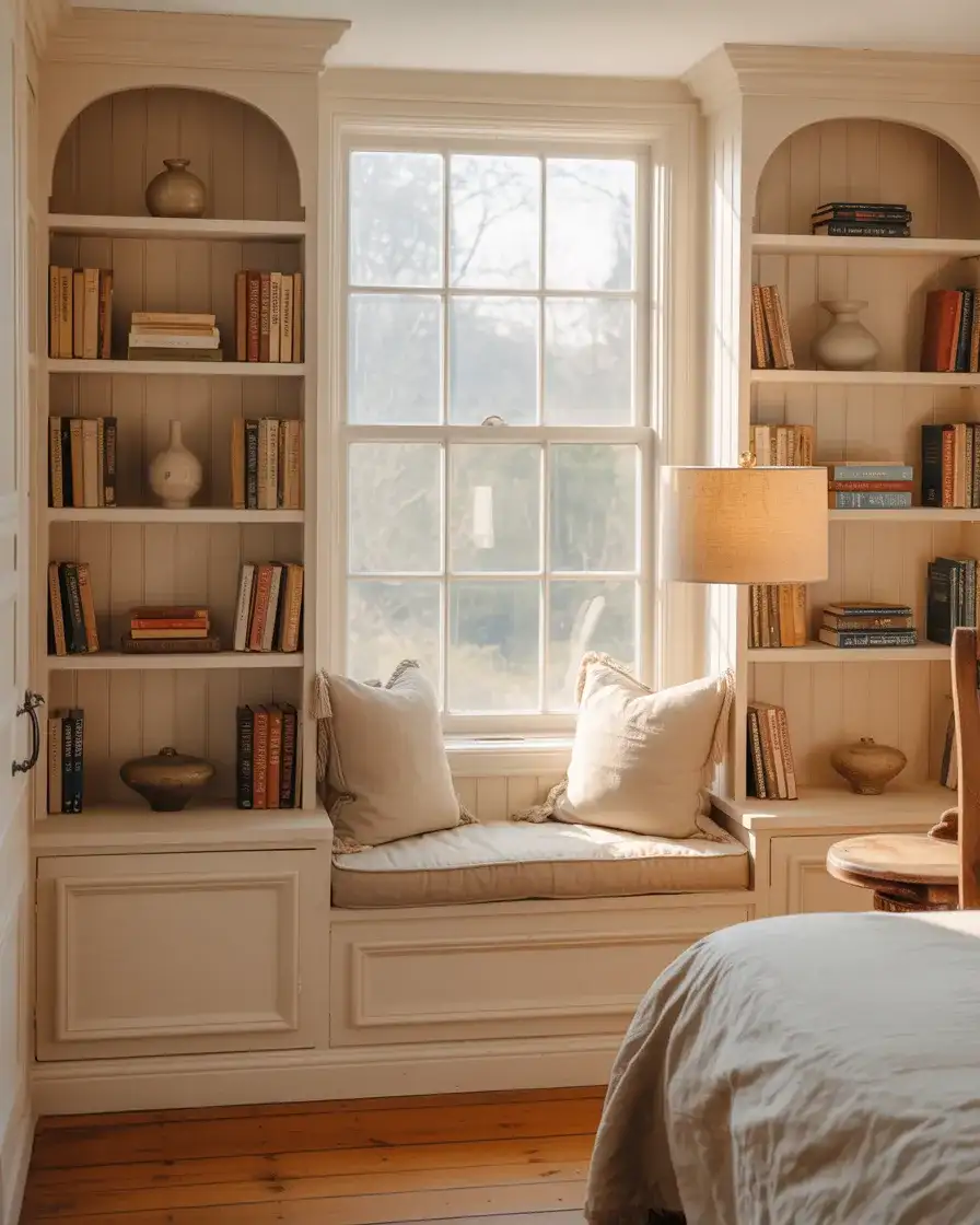 Farmhouse Bedroom Reading Nook with Built-in Shelves 2