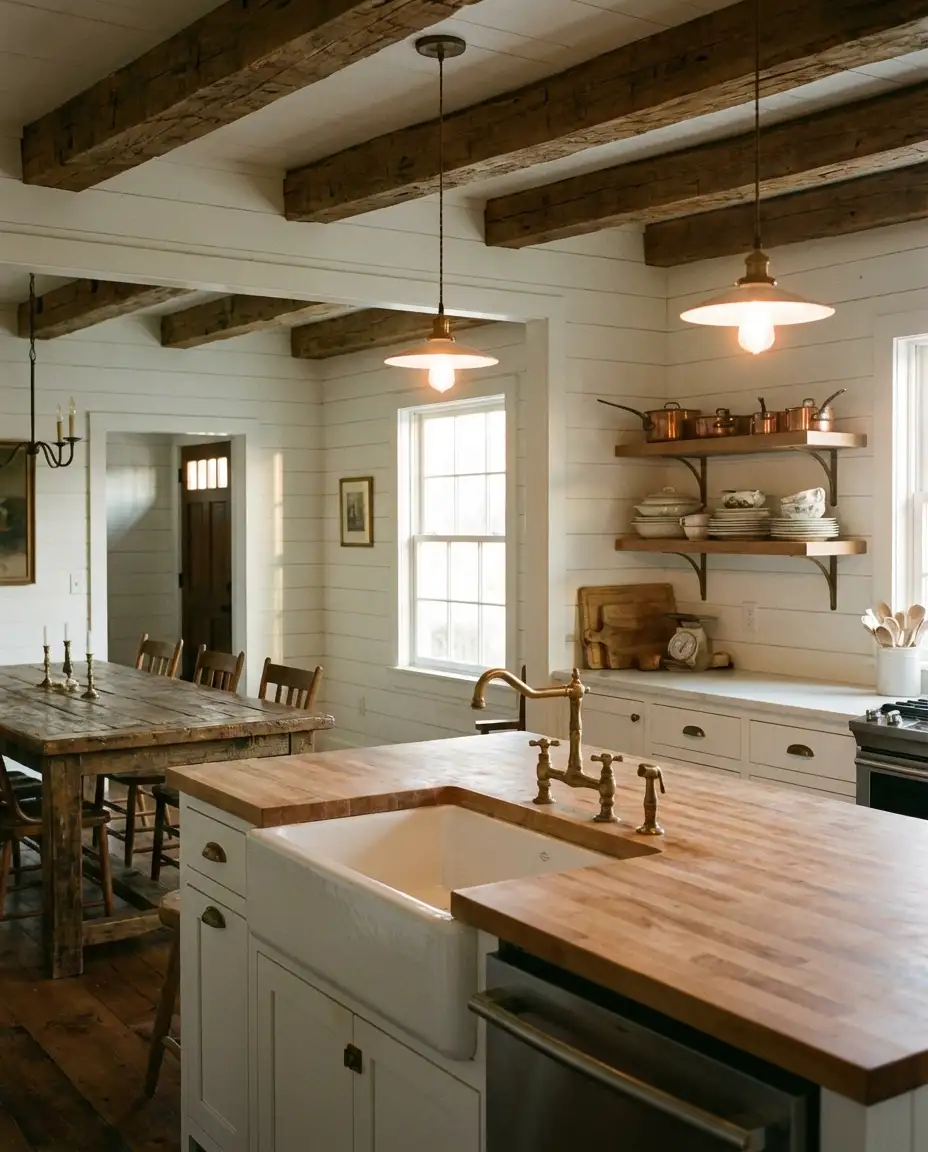 Farmhouse Kitchen with Shiplap and Exposed Beams 1