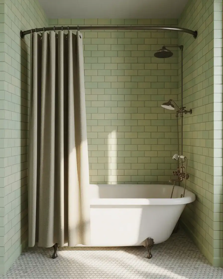 Farmhouse Shower With Subway Tile and Penny Round Floor 1