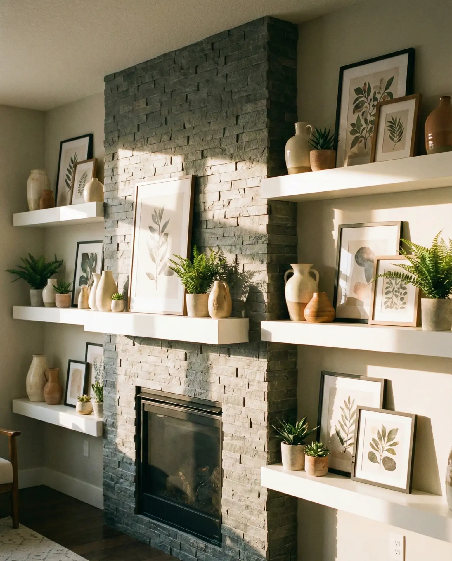 Floating Shelves Flanking a Stone Fireplace 1