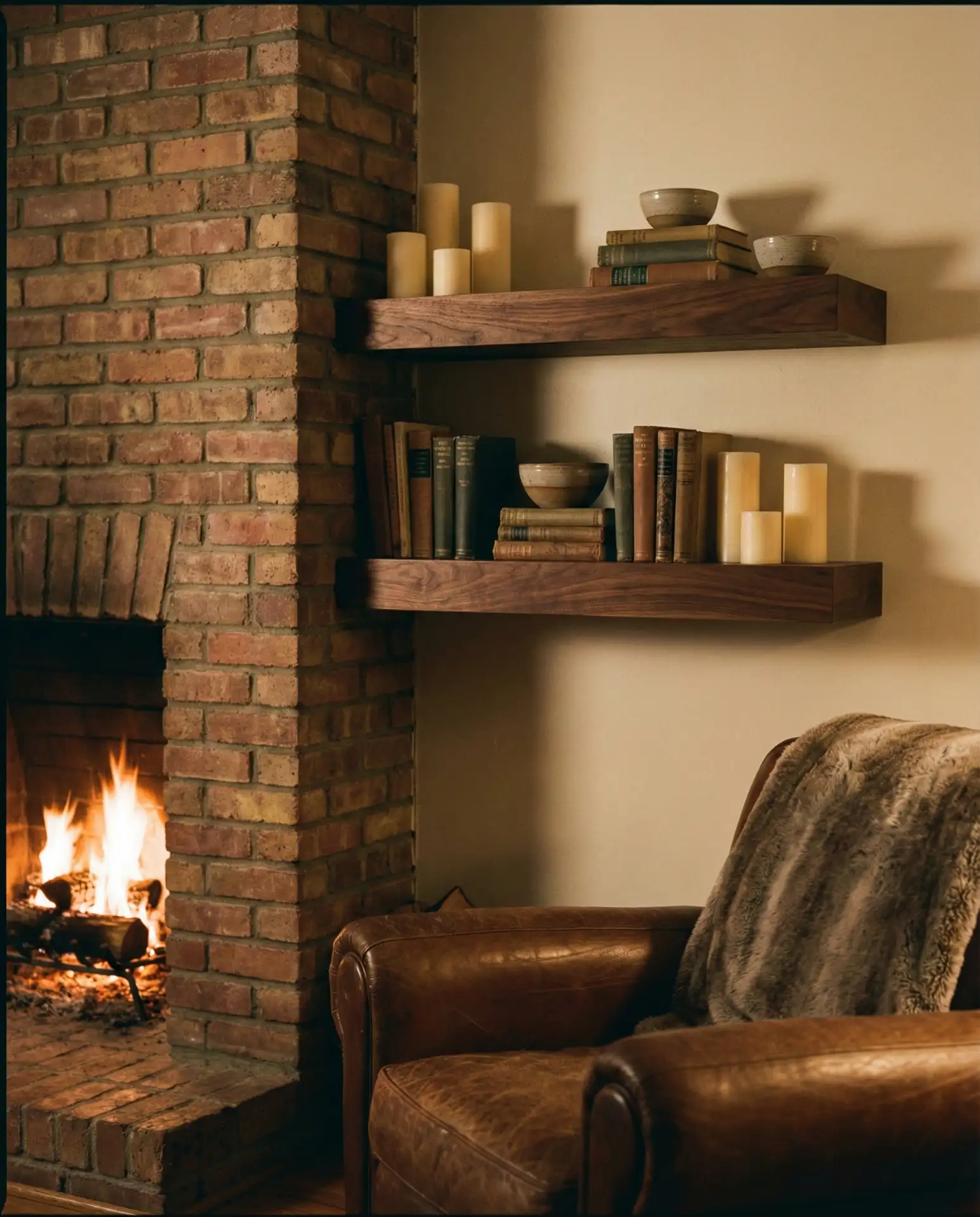 Floating Shelves Flanking a Stone Fireplace 2