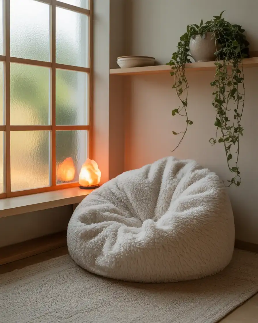 Fluffy White Bean Bag as a Meditation Corner Piece 1