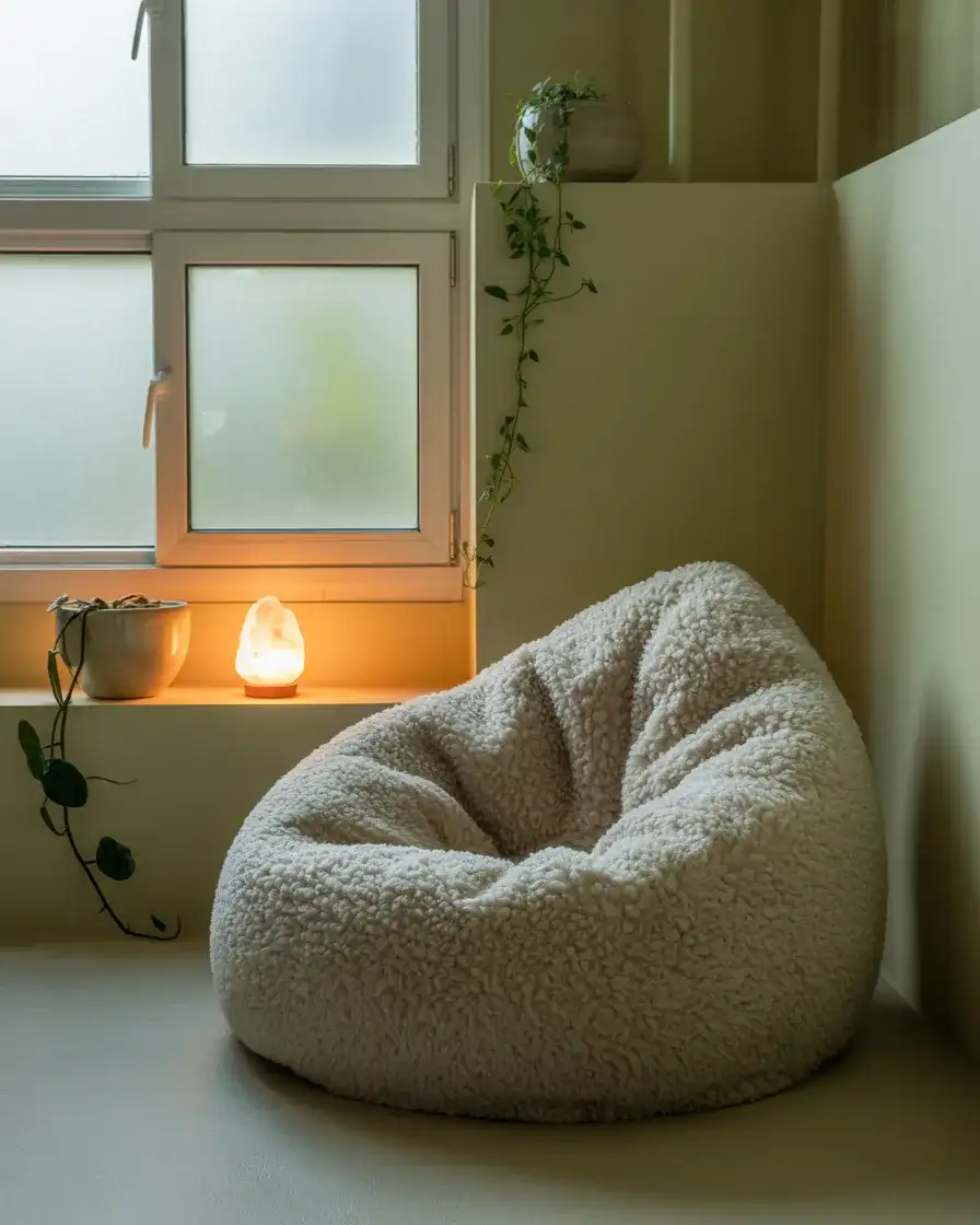 Fluffy White Bean Bag as a Meditation Corner Piece 2