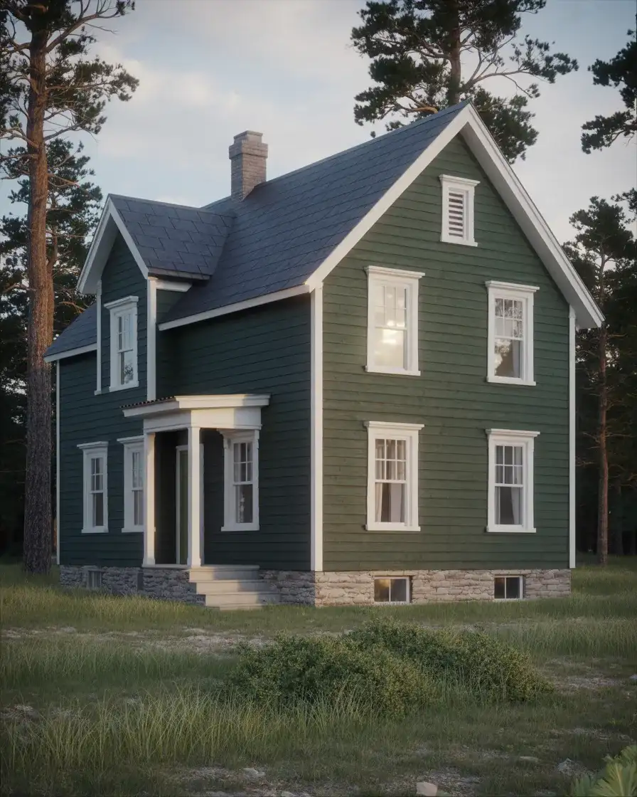 Forest Green Farmhouse with Stone Foundation 1