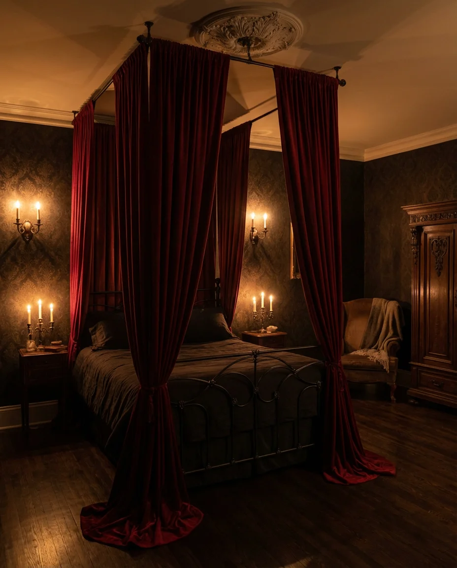 Gothic Red Bedroom with Canopy Drama 1