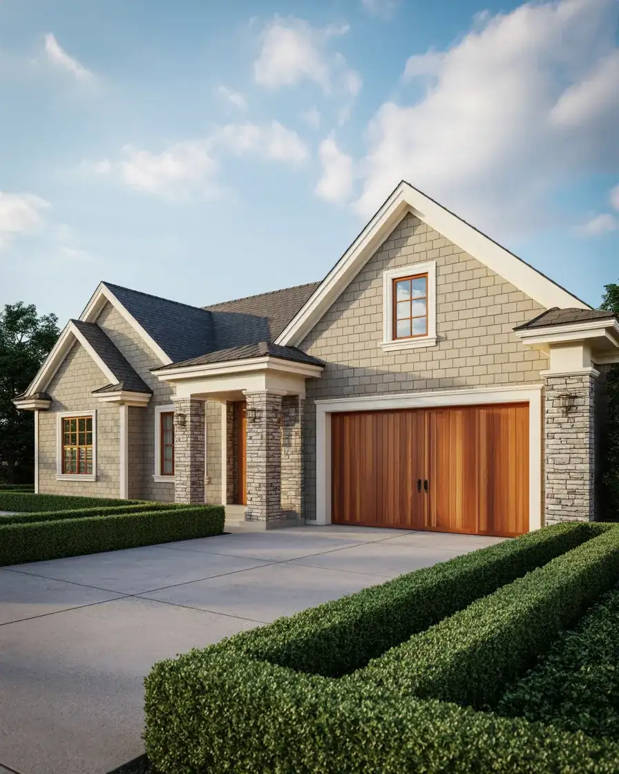 Gray-Beige Greige Exterior with Stone and Wood 1