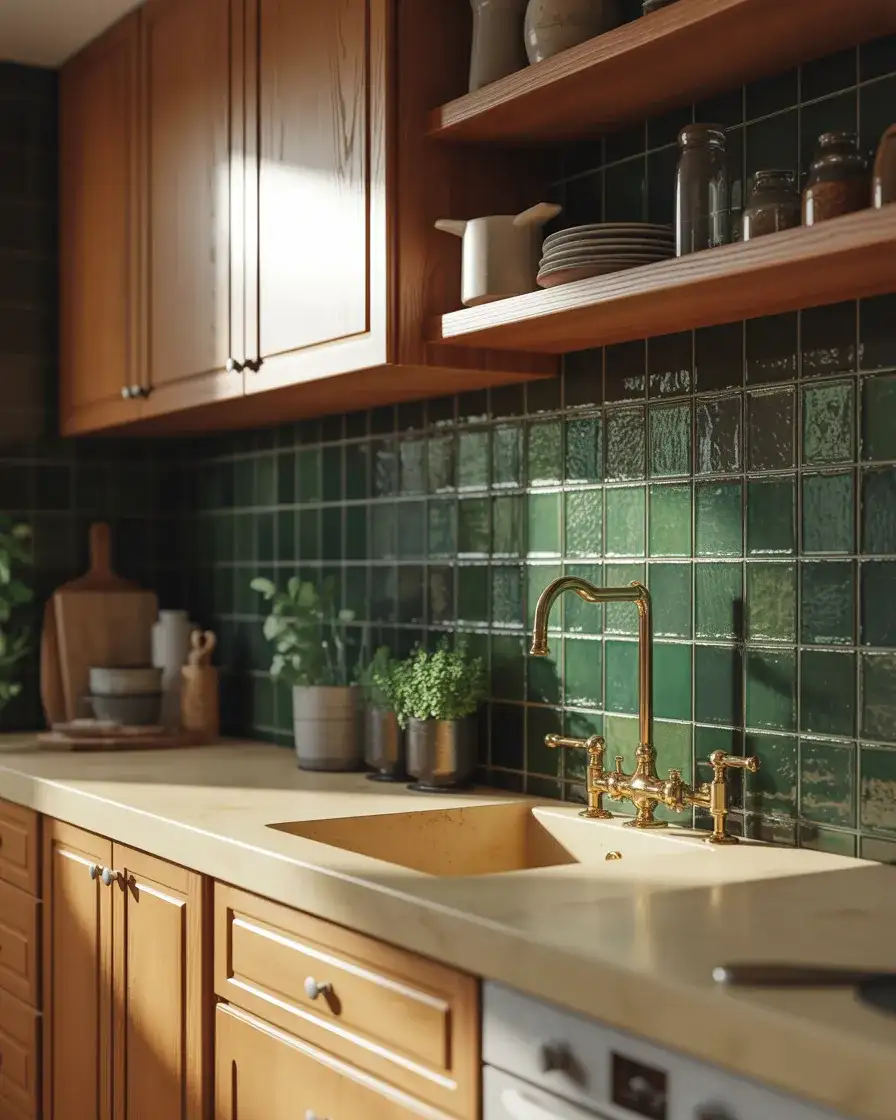 Green Backsplash with Honey Oak Cabinets 1