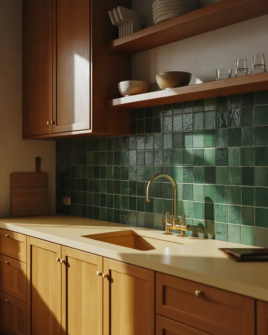 Green Backsplash with Honey Oak Cabinets 2