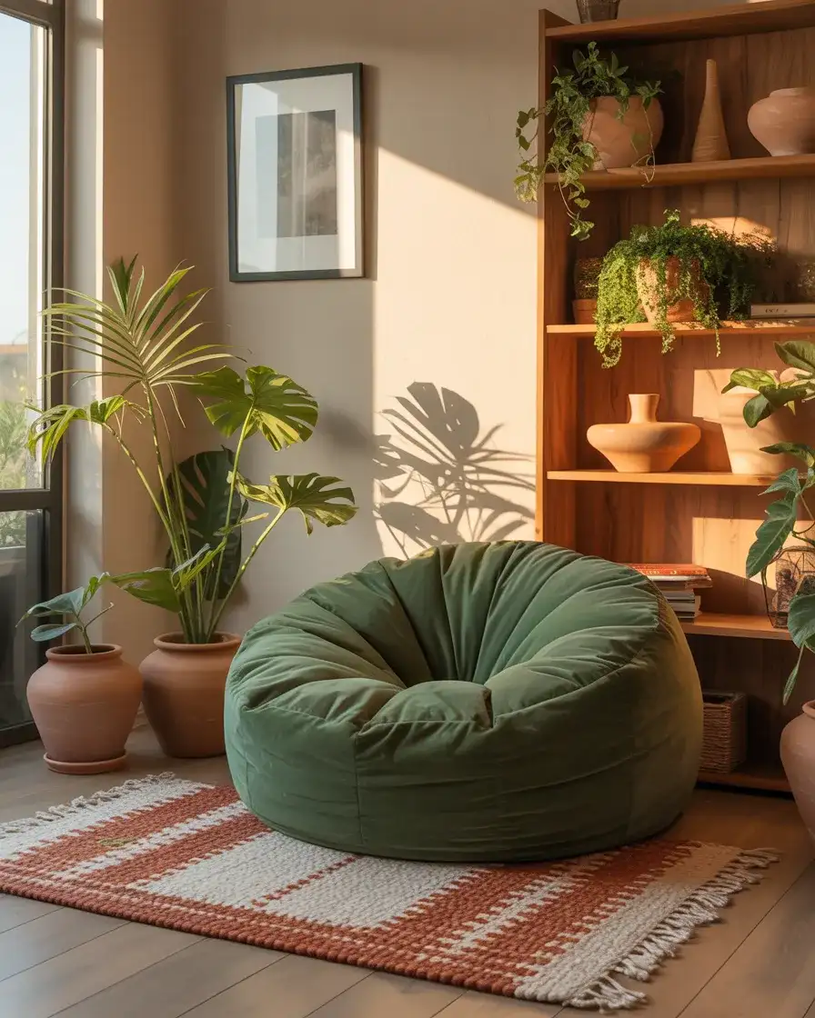 Green Velvet Bean Bag for an Earthy Living Room 1
