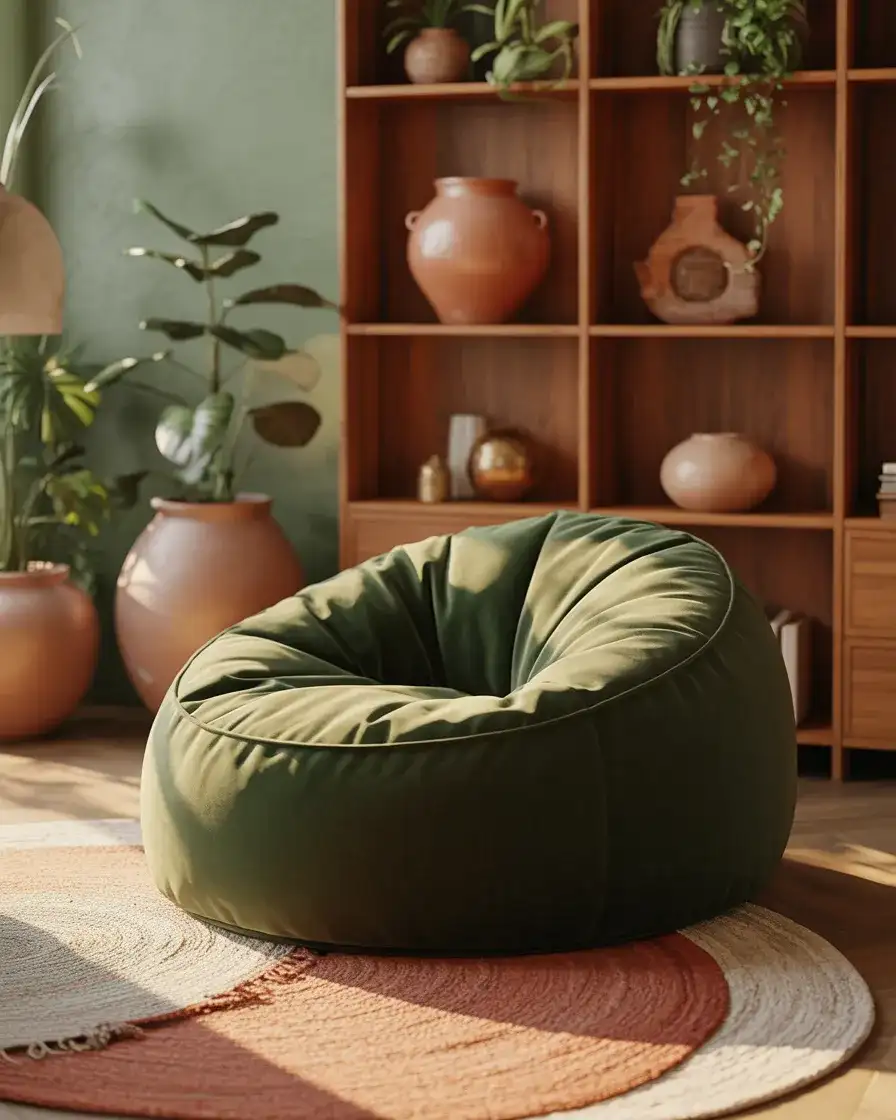 Green Velvet Bean Bag for an Earthy Living Room 2