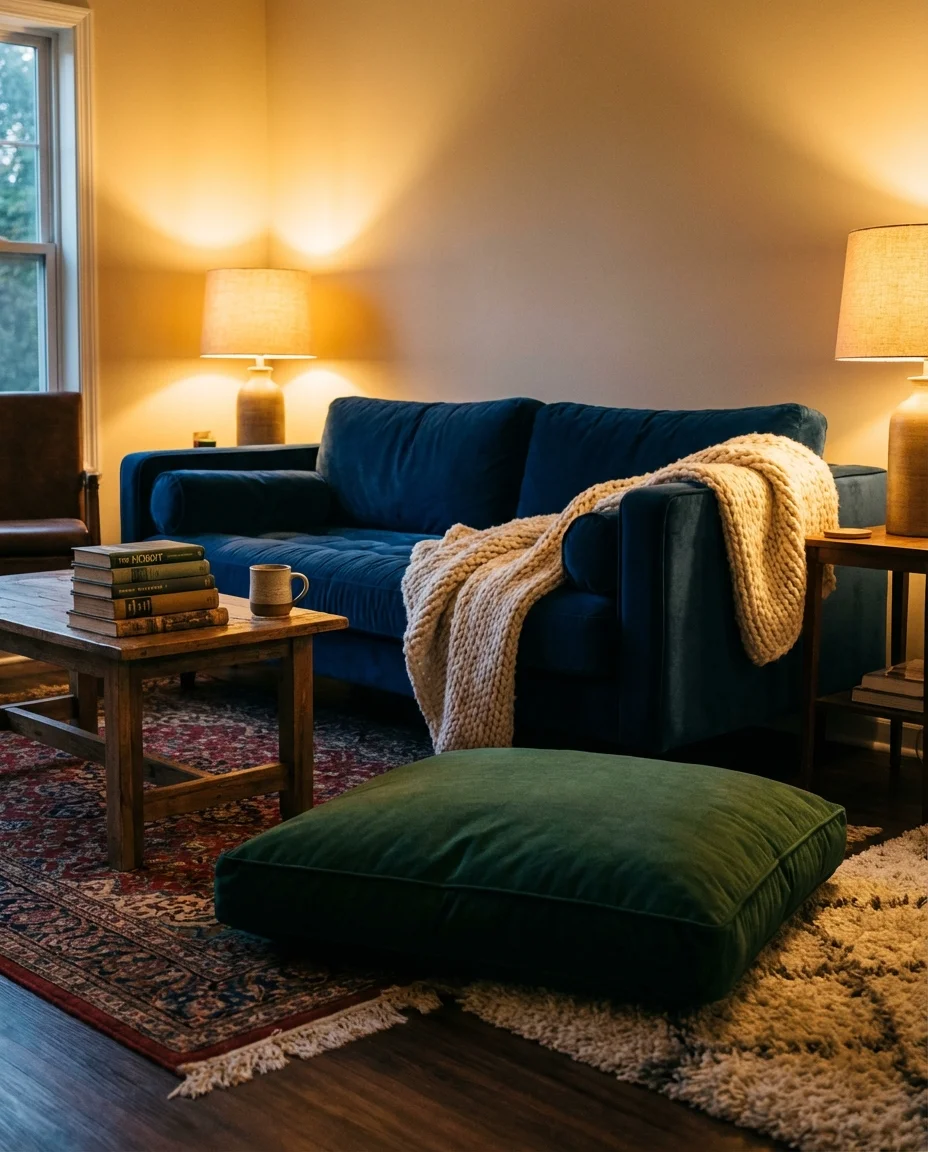 Green and Blue Living Room with Cozy Textures 1