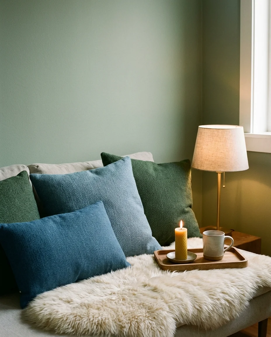 Green and Blue Living Room with Cozy Textures 2