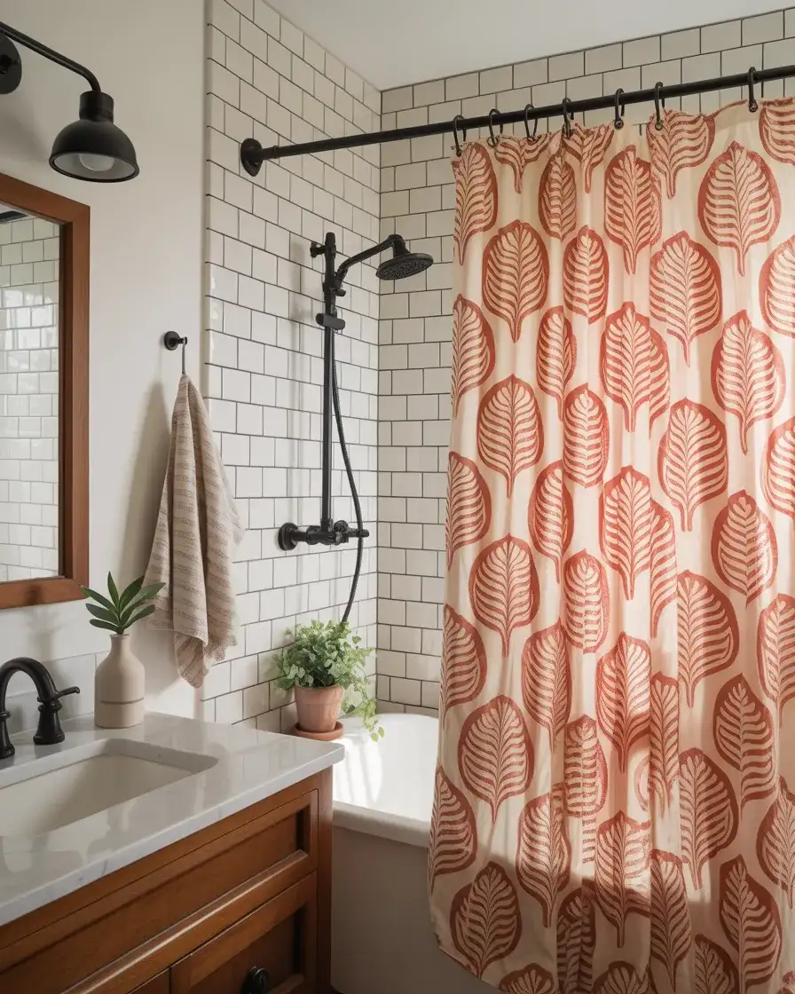 Guest Bathroom Shower With Bold Curtain 1