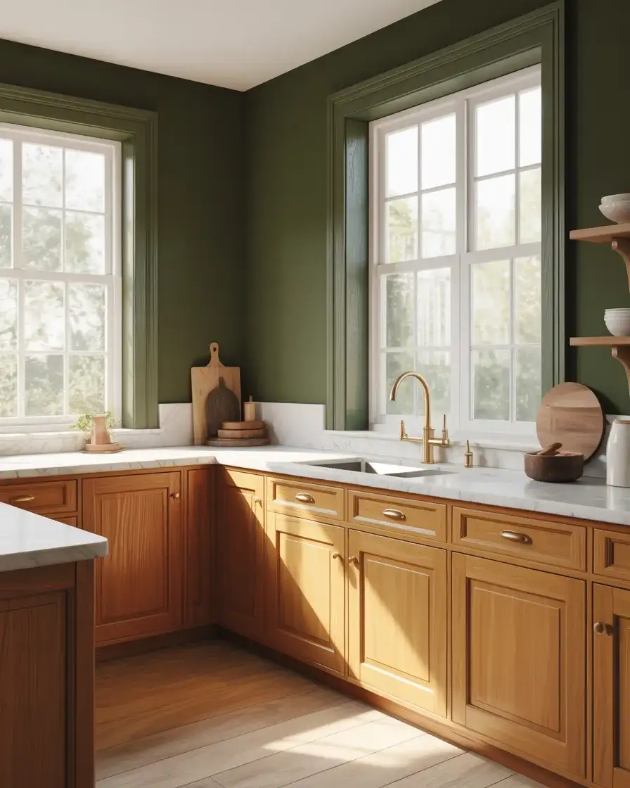 Honey Oak Cabinets with Green Walls 1