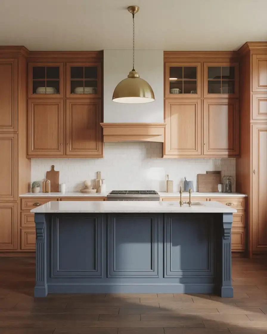 Honey Oak Cabinets with Navy or Deep Blue Accents 1