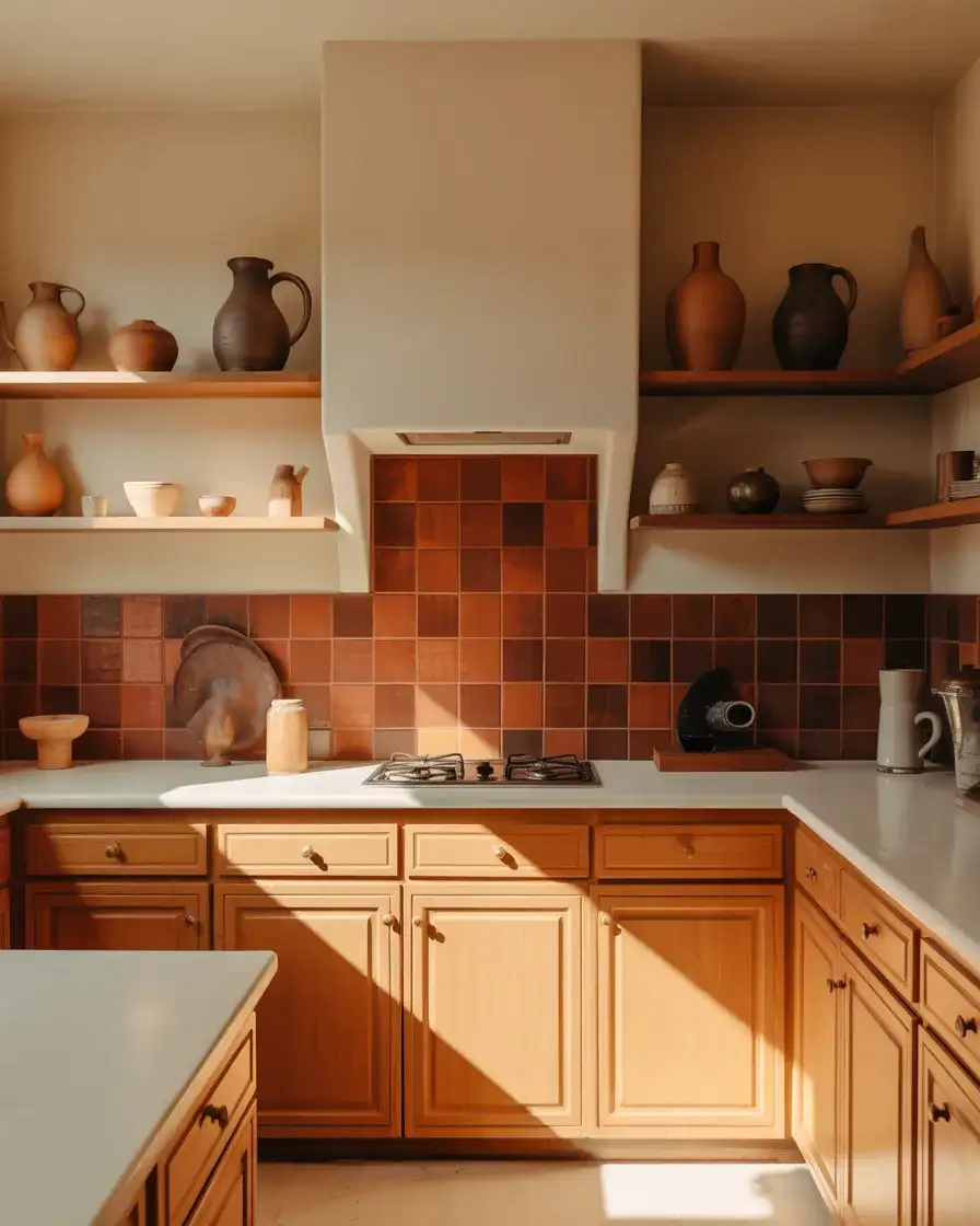 Honey Oak Cabinets with Orange Accents 1