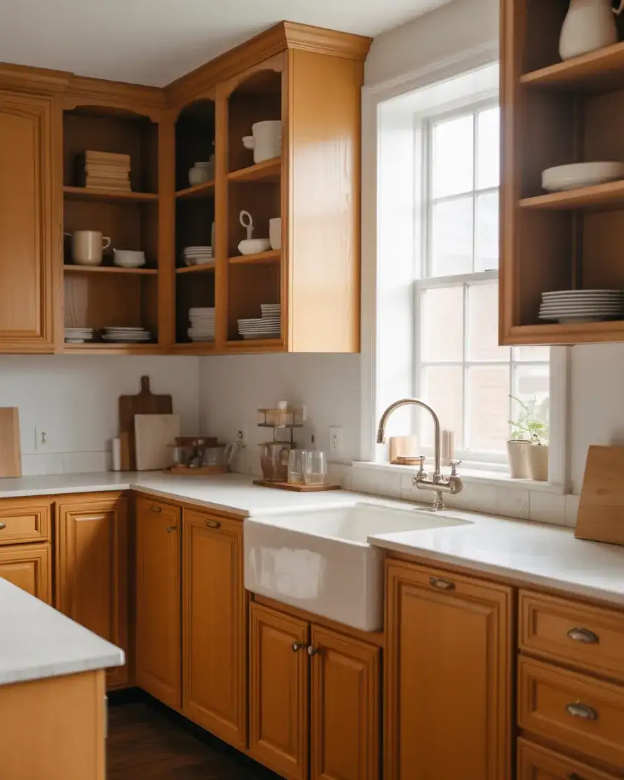 Honey Oak Cabinets with White Countertops 1