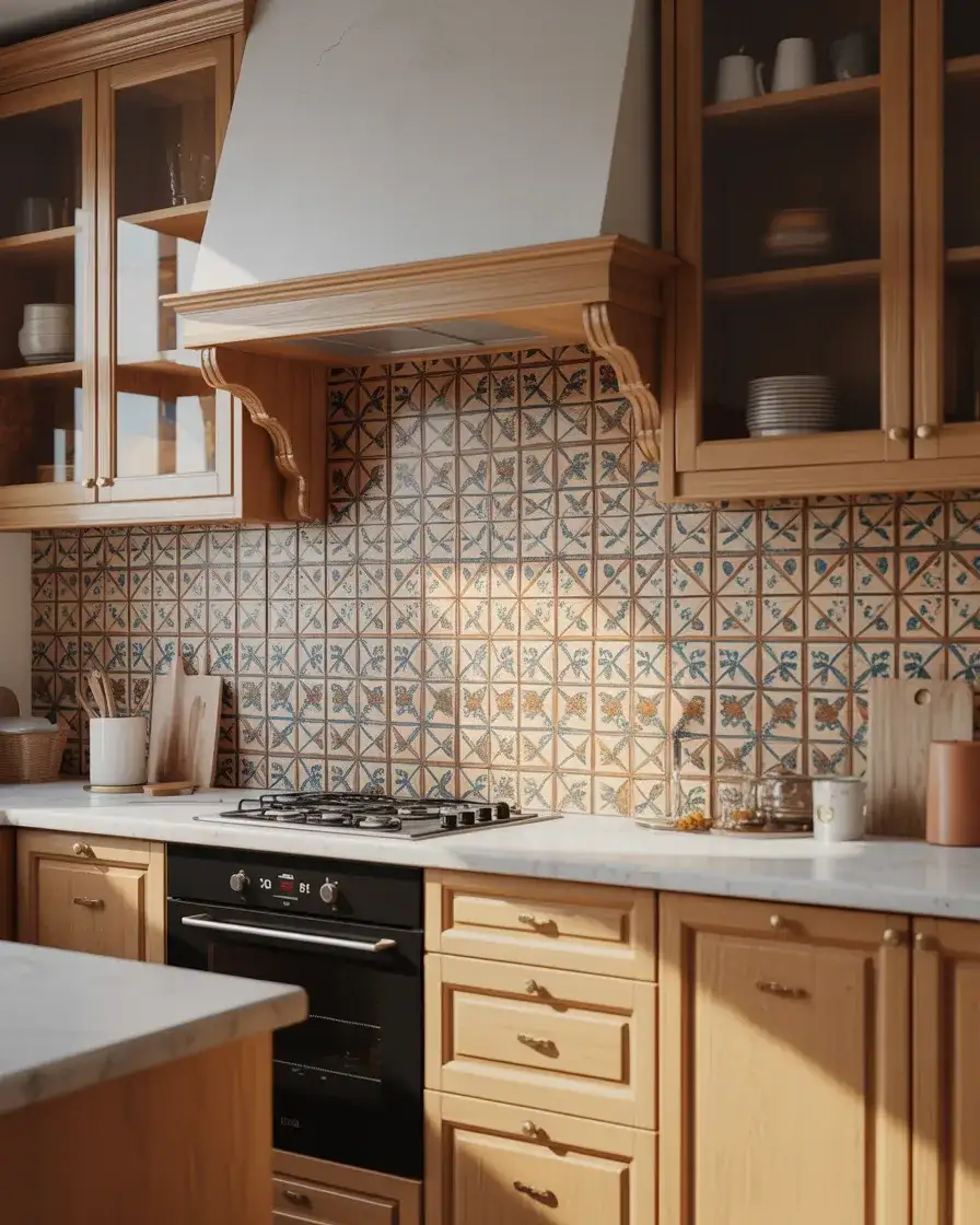 Honey Oak Kitchen with Bold Patterned Backsplash 1