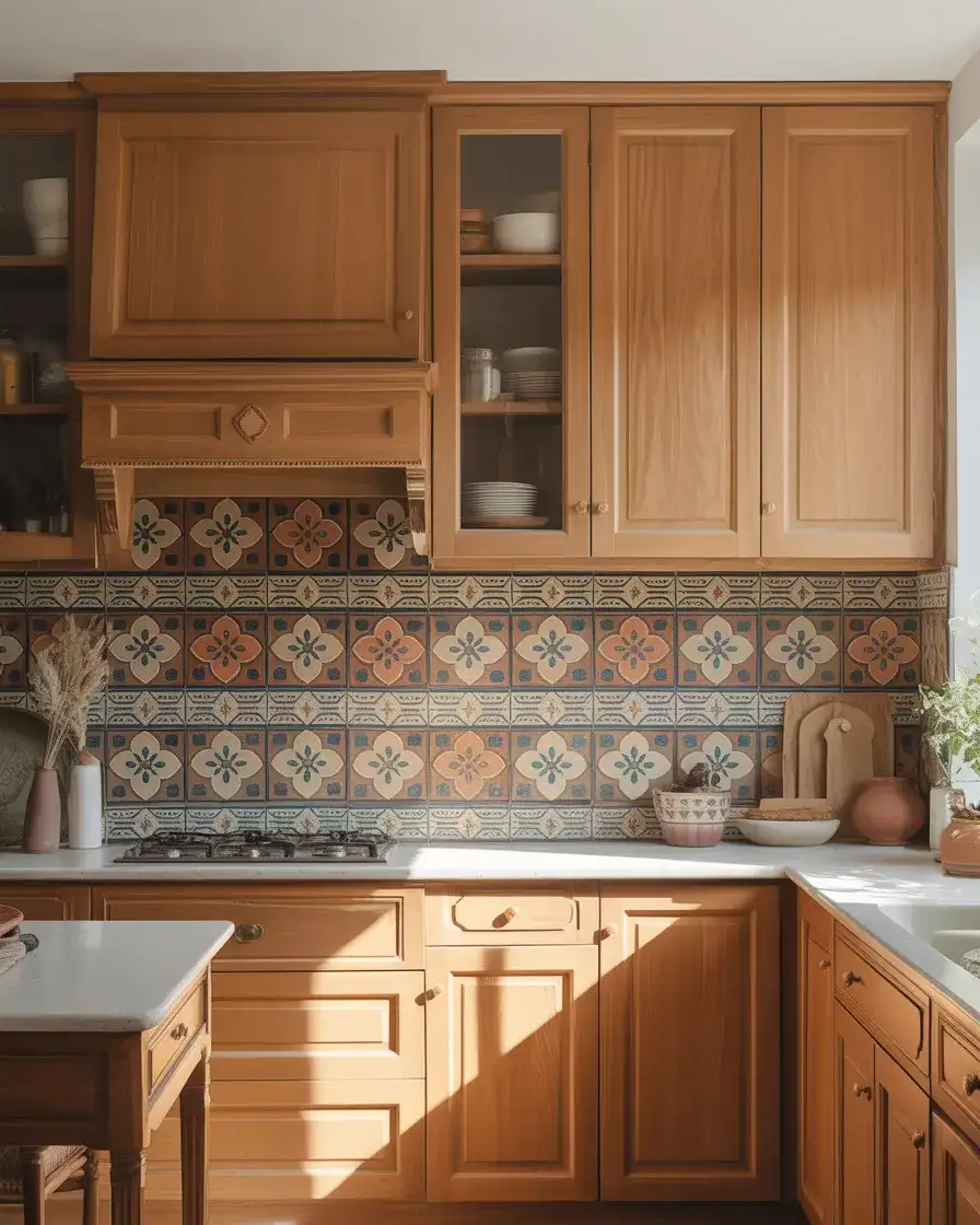 Honey Oak Kitchen with Bold Patterned Backsplash 2