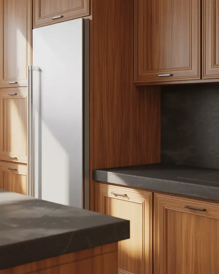 Honey Oak with Black Countertops and White Appliances 1