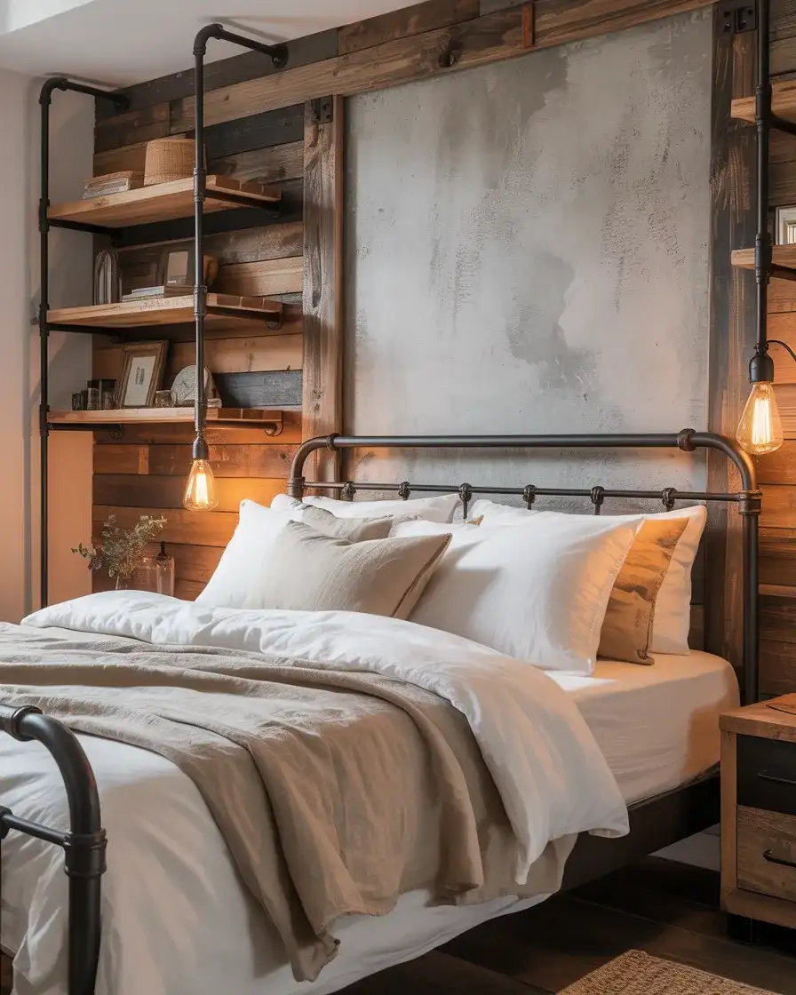 Industrial Farmhouse Bedroom with Pipe Shelves 1