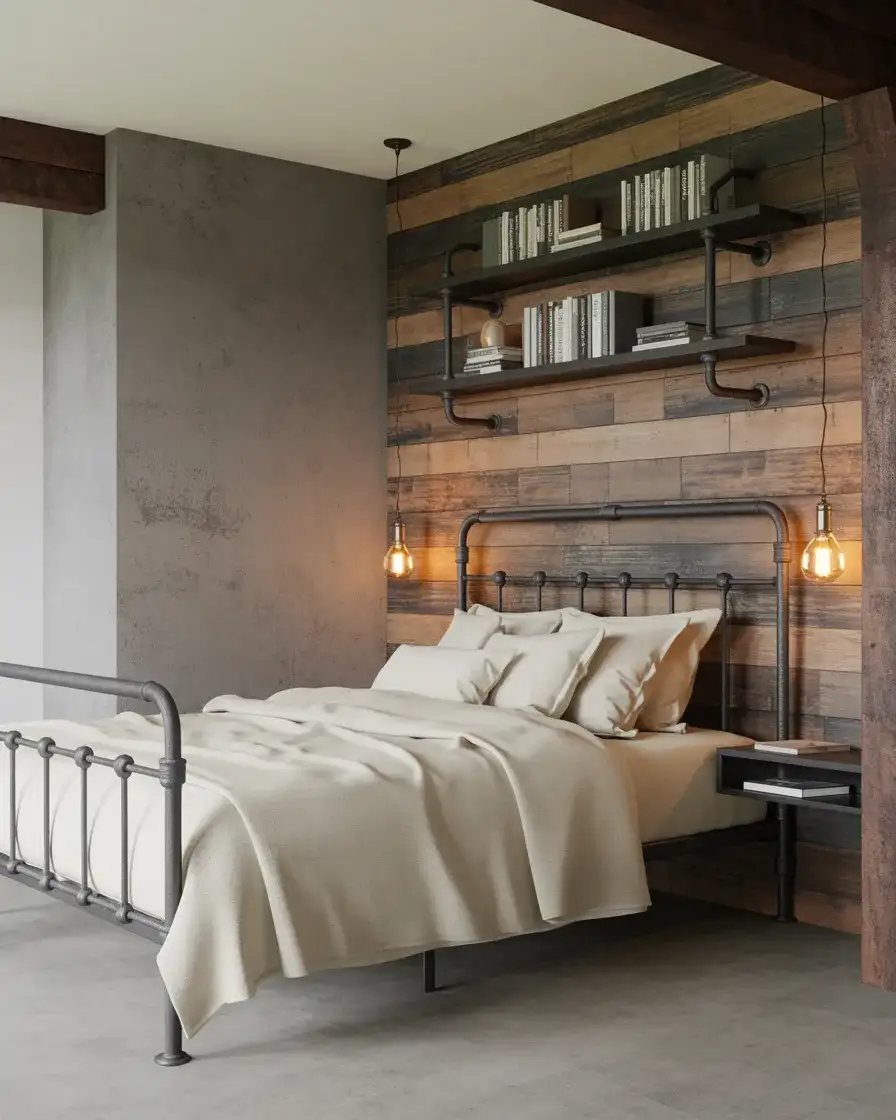 Industrial Farmhouse Bedroom with Pipe Shelves 2