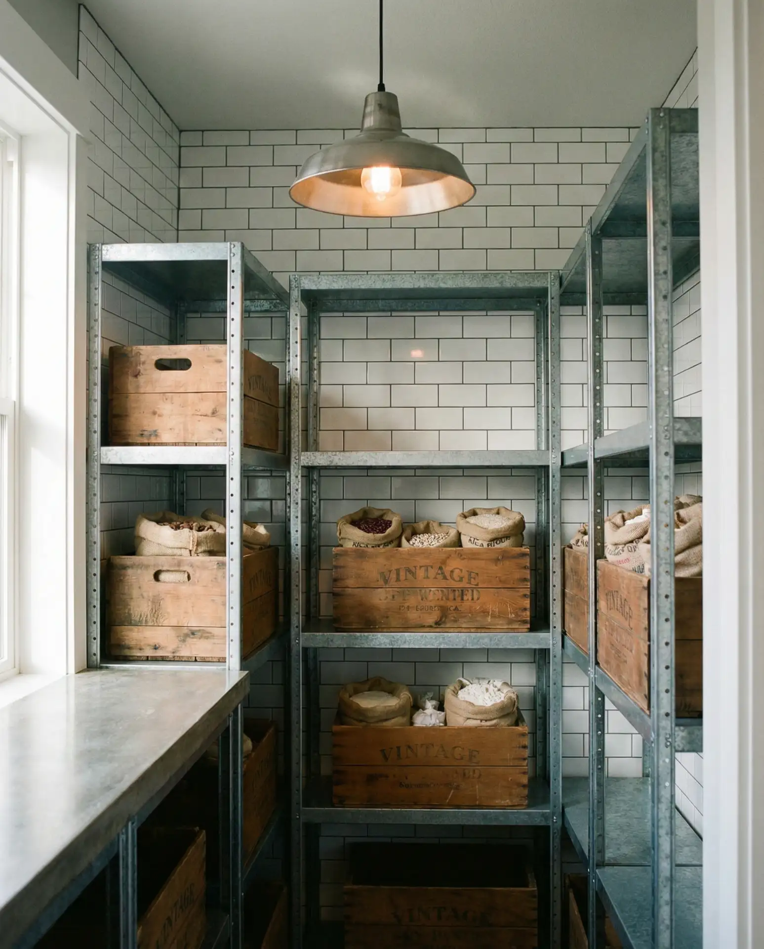 Industrial-Style Corner Pantry with Metal Shelving 1