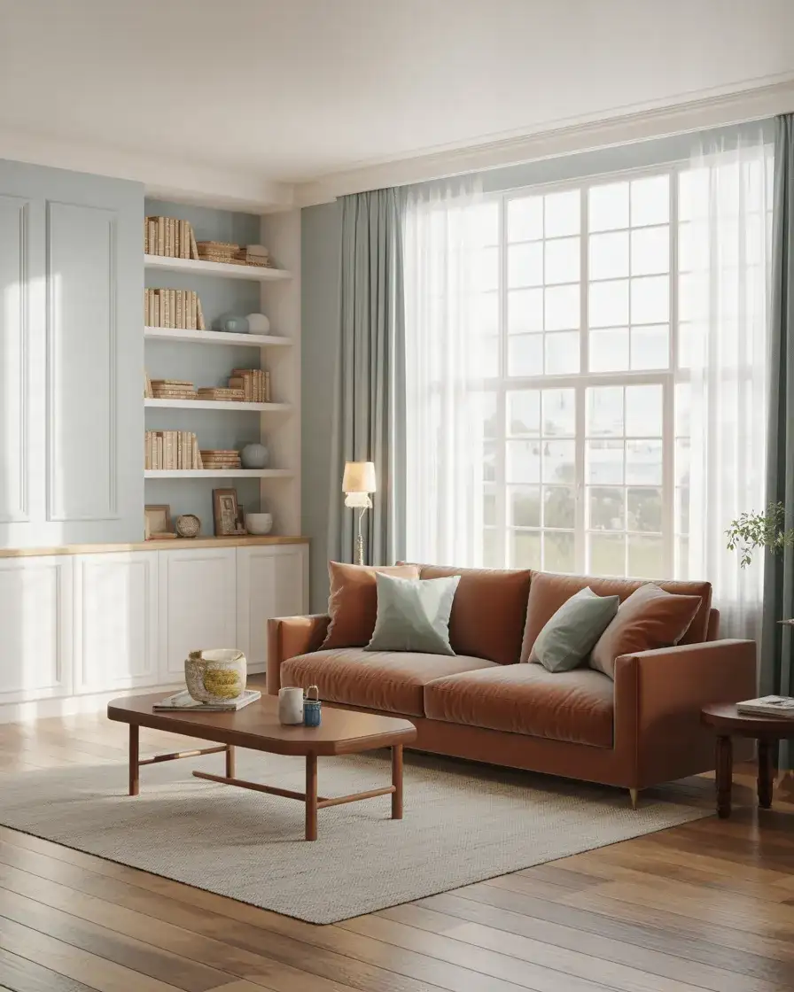 Light Blue and Brown Airy Transitional Living Room 1