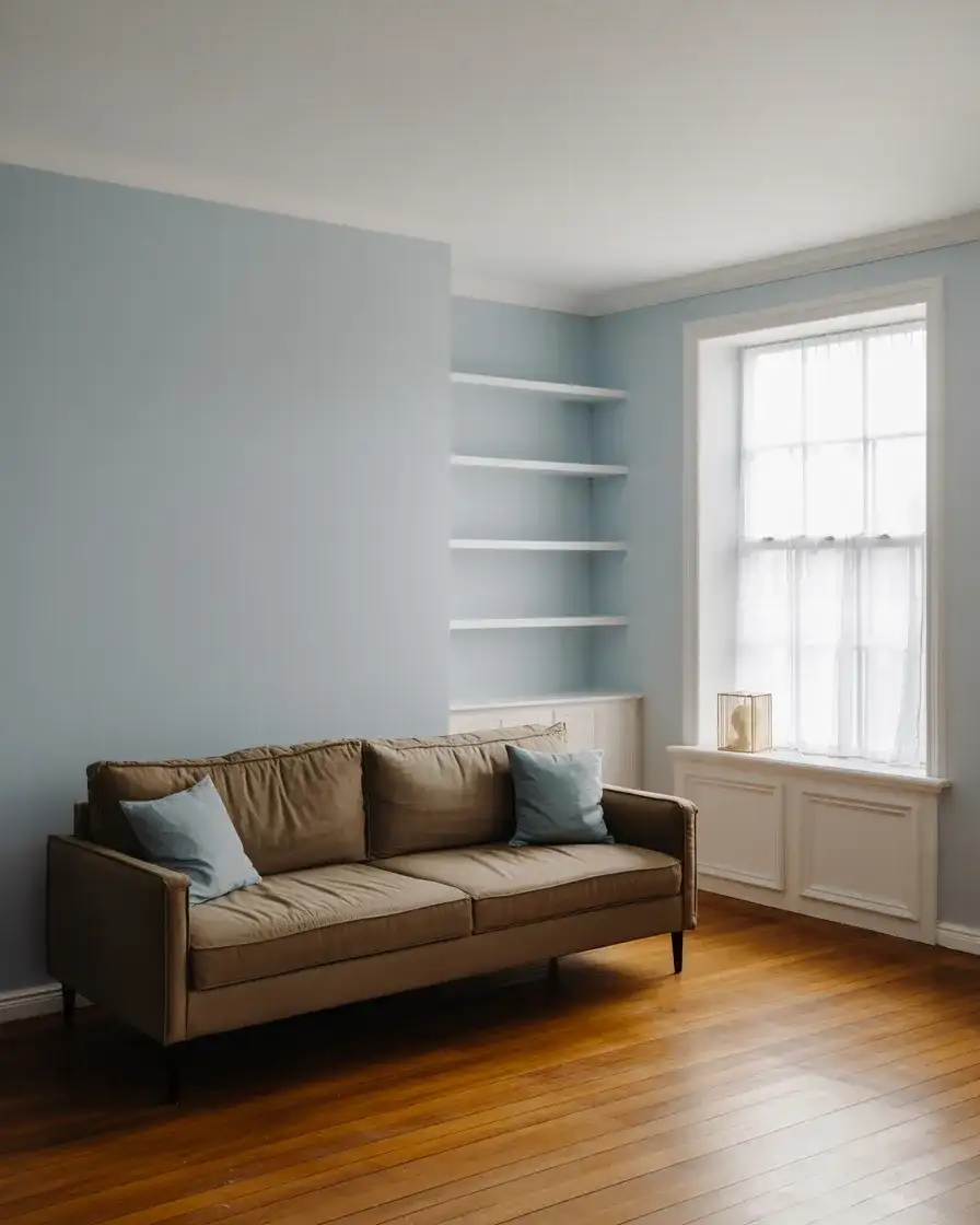 Light Blue and Brown Airy Transitional Living Room 2