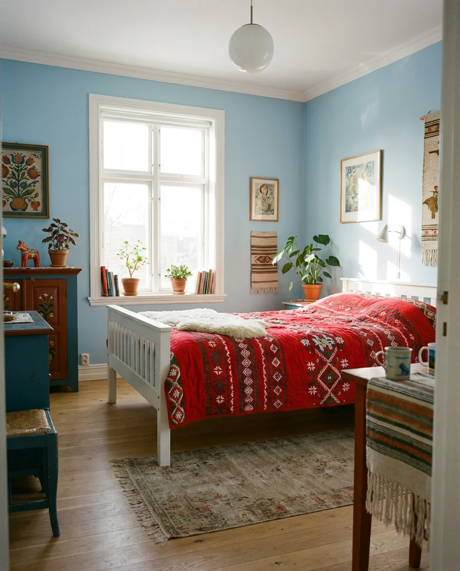 Light Blue and Red Bedroom with Fresh Contrast 1