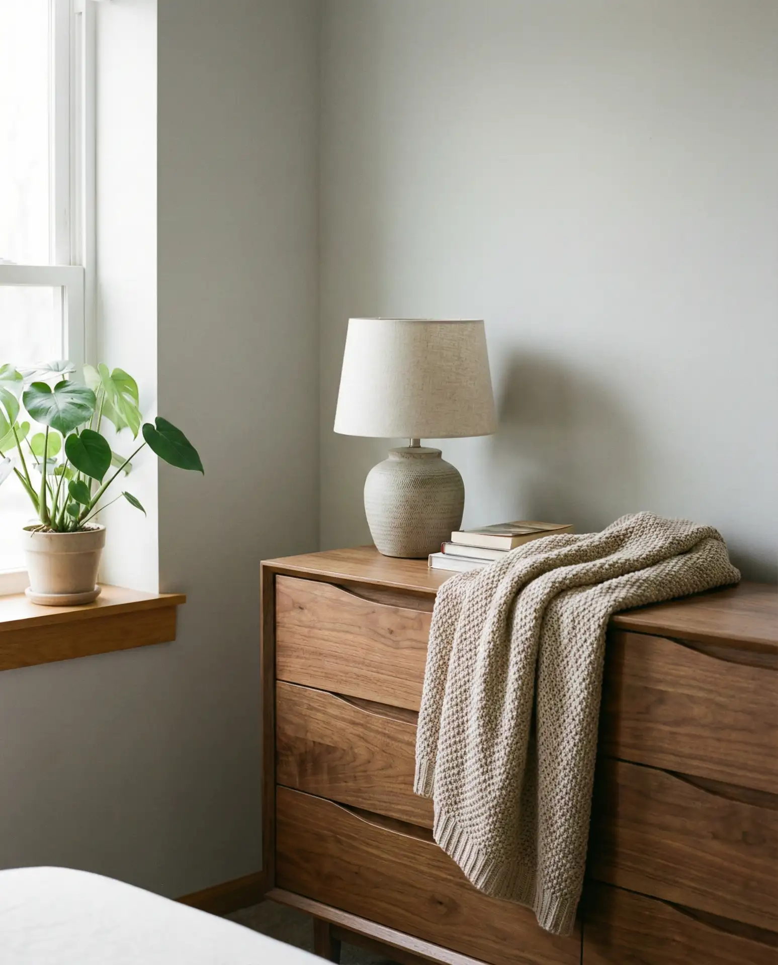 Light Gray Bedroom with Natural Wood Furniture 1