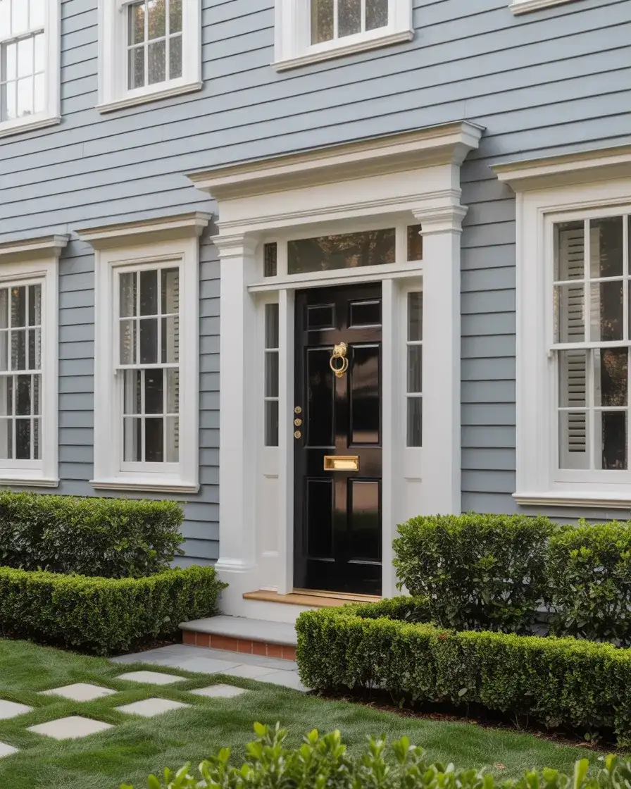 Light Gray Siding with White Trim and Black Doors 1