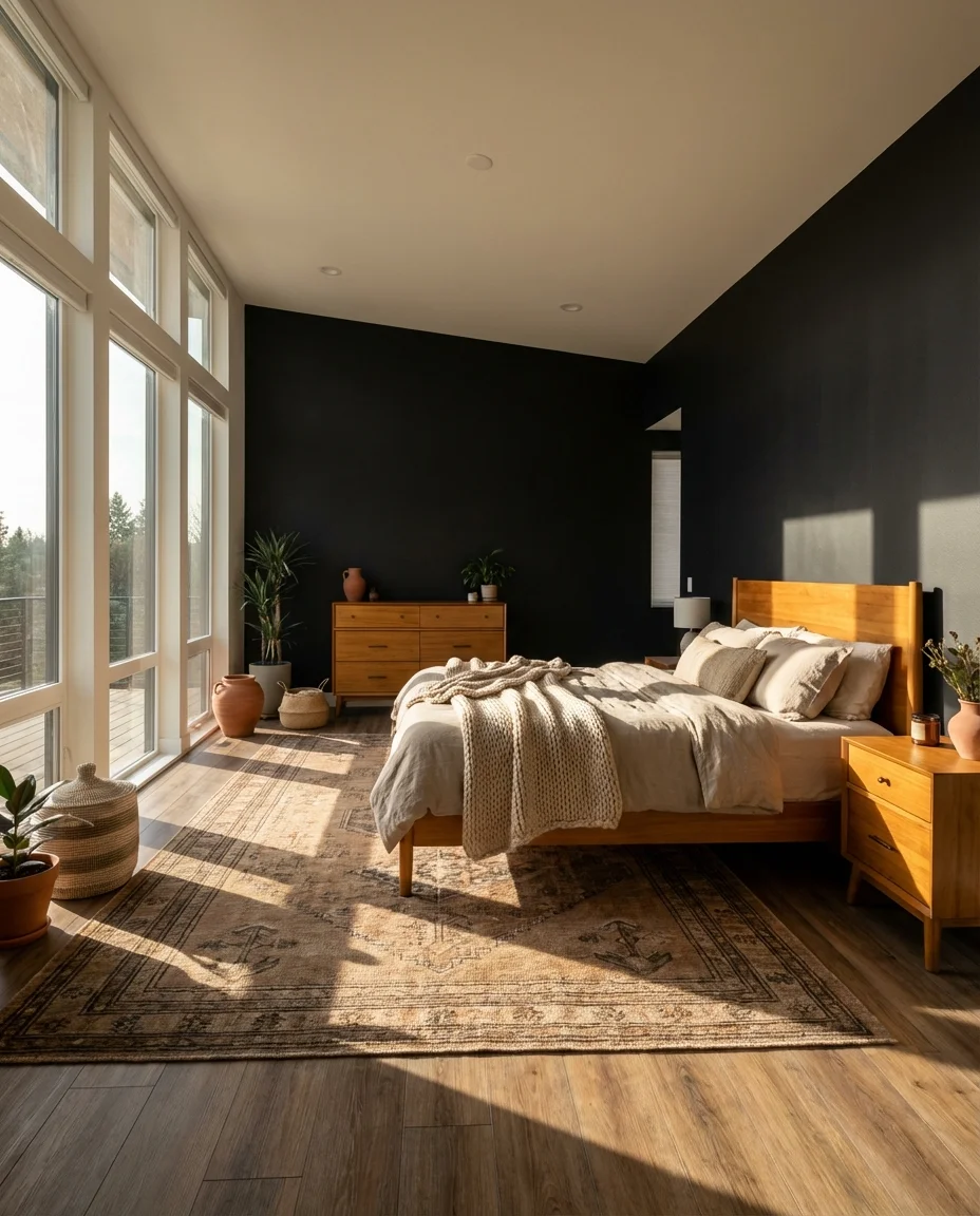 Matte Black Accent Wall with Warm Wood Furniture 2