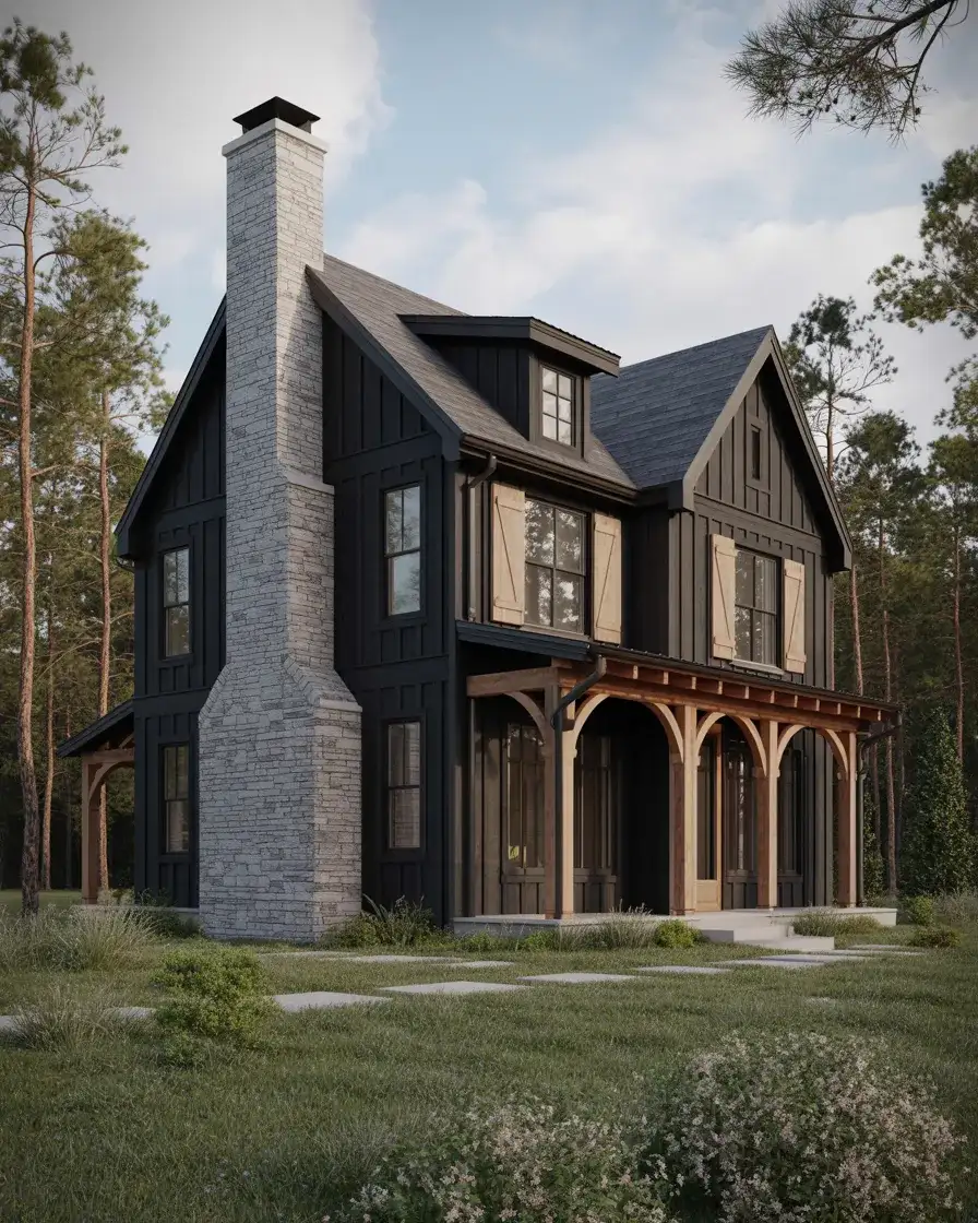 Matte Black with Stone Chimney and Wood Accents 1