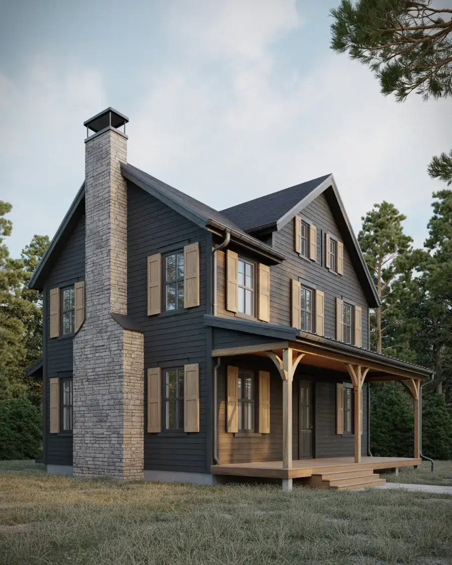 Matte Black with Stone Chimney and Wood Accents 2