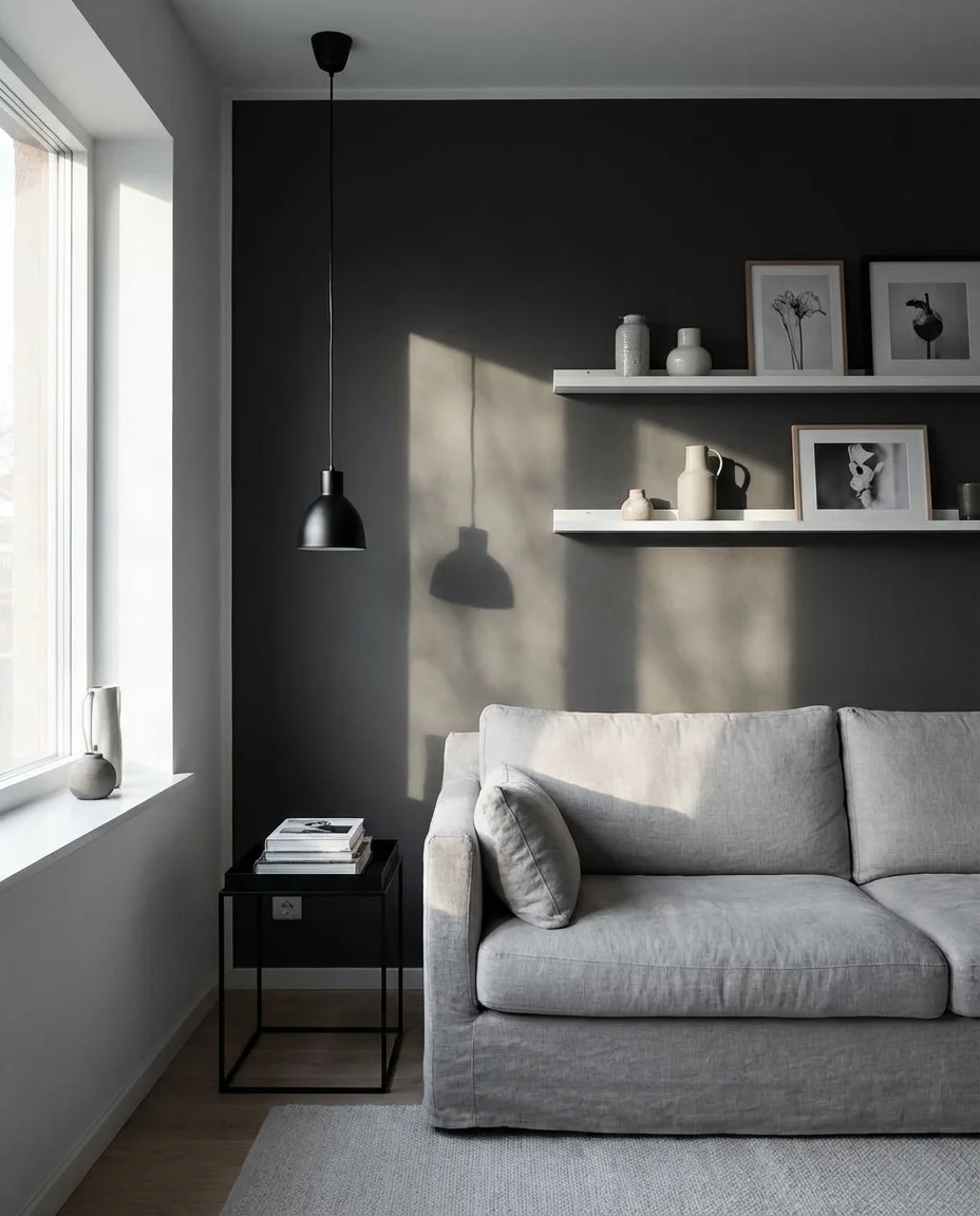 Modern Living Room With Dark Accent Walls and Contrast 2