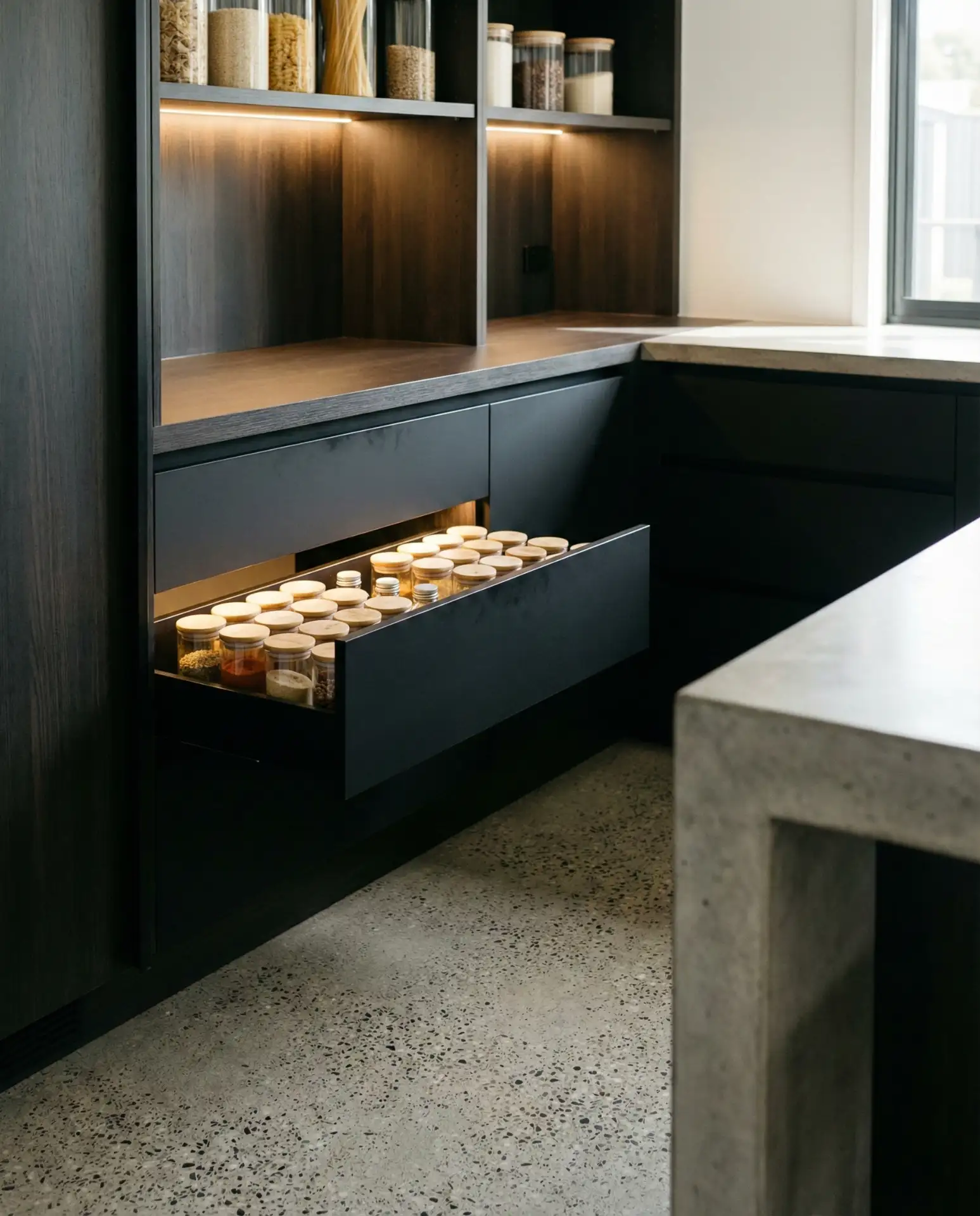 Modern Minimalist Corner Pantry with Sleek Drawers 1