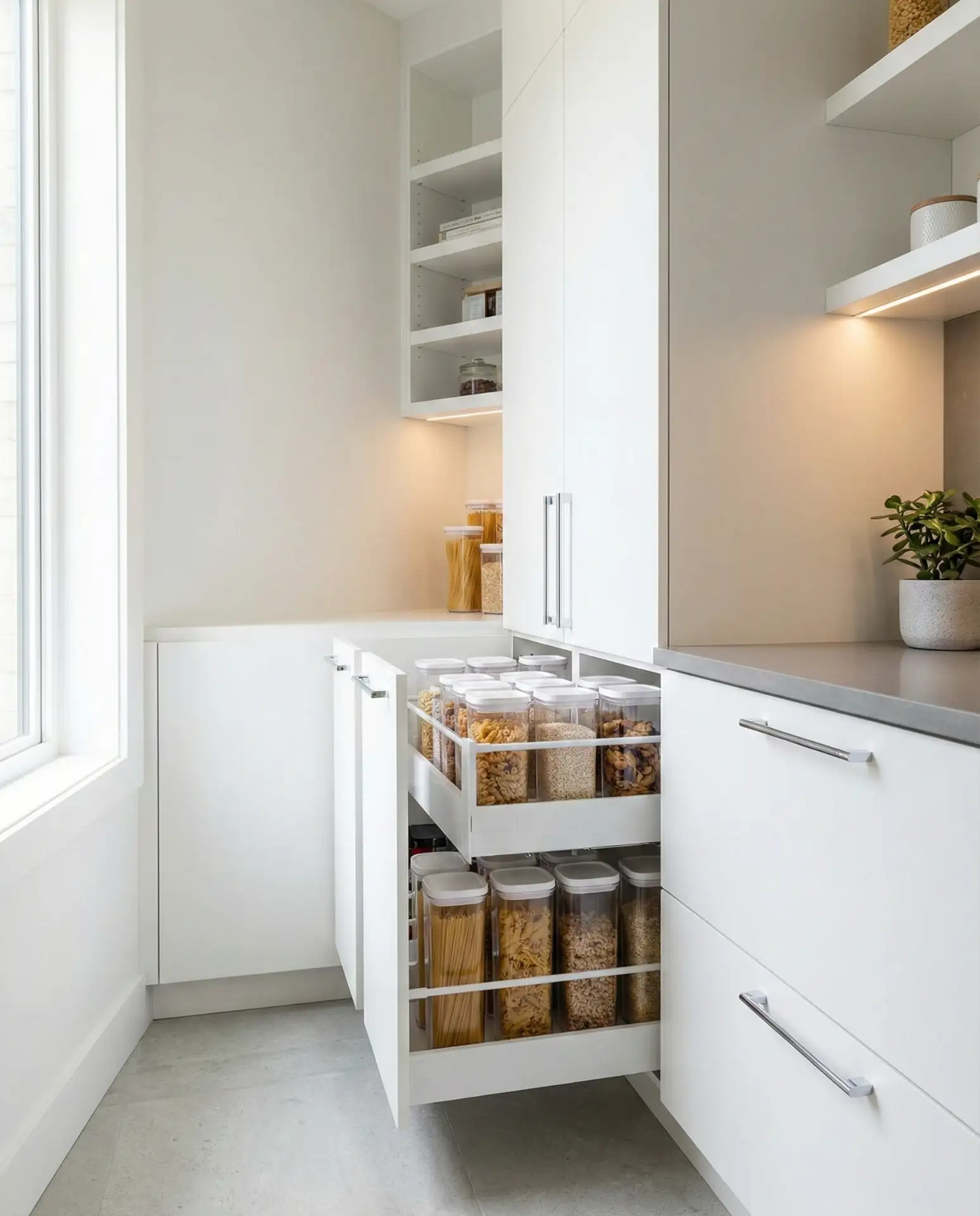 Modern Minimalist Corner Pantry with Sleek Drawers 2
