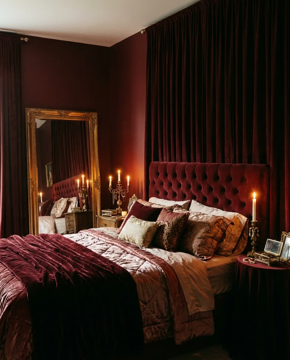 Moody Red Bedroom with Velvet and Gold 1
