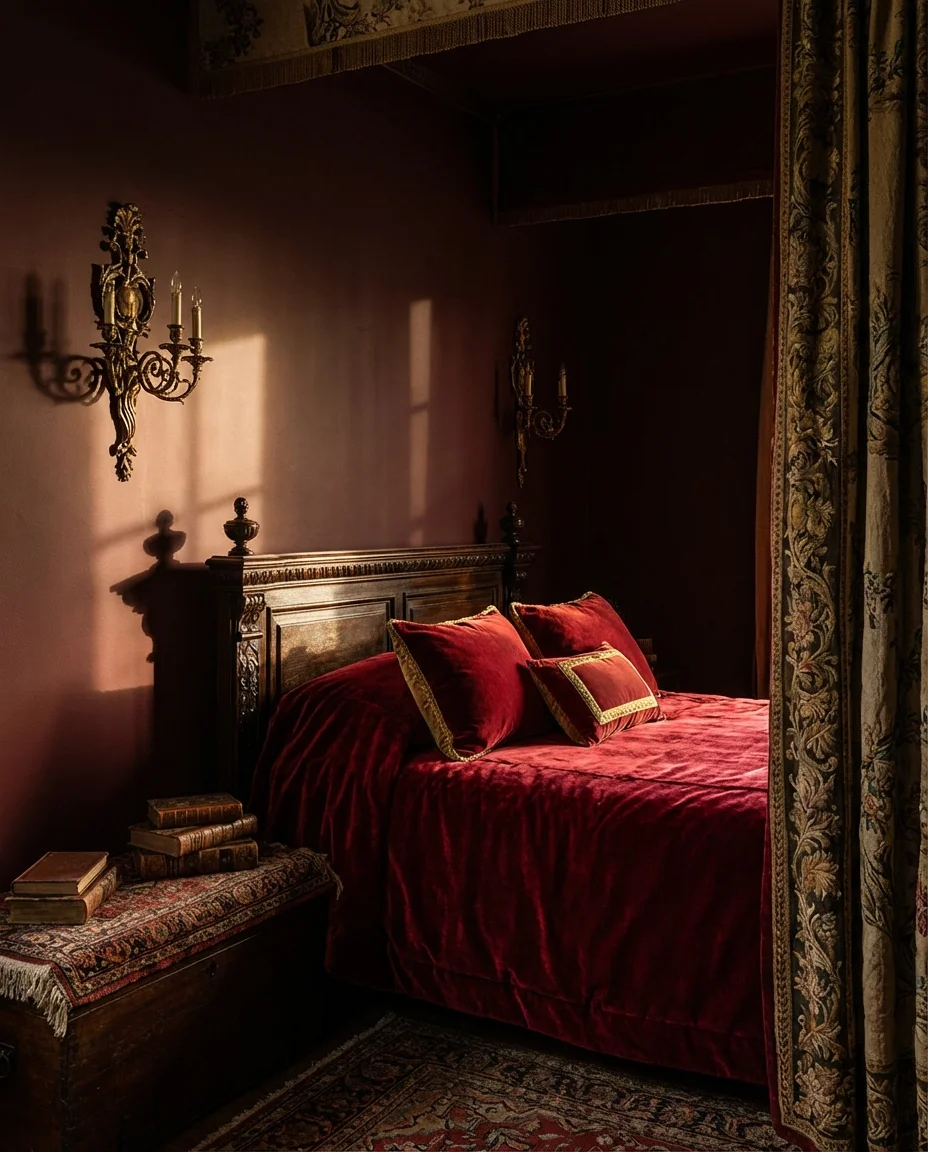 Moody Red Bedroom with Velvet and Gold 2