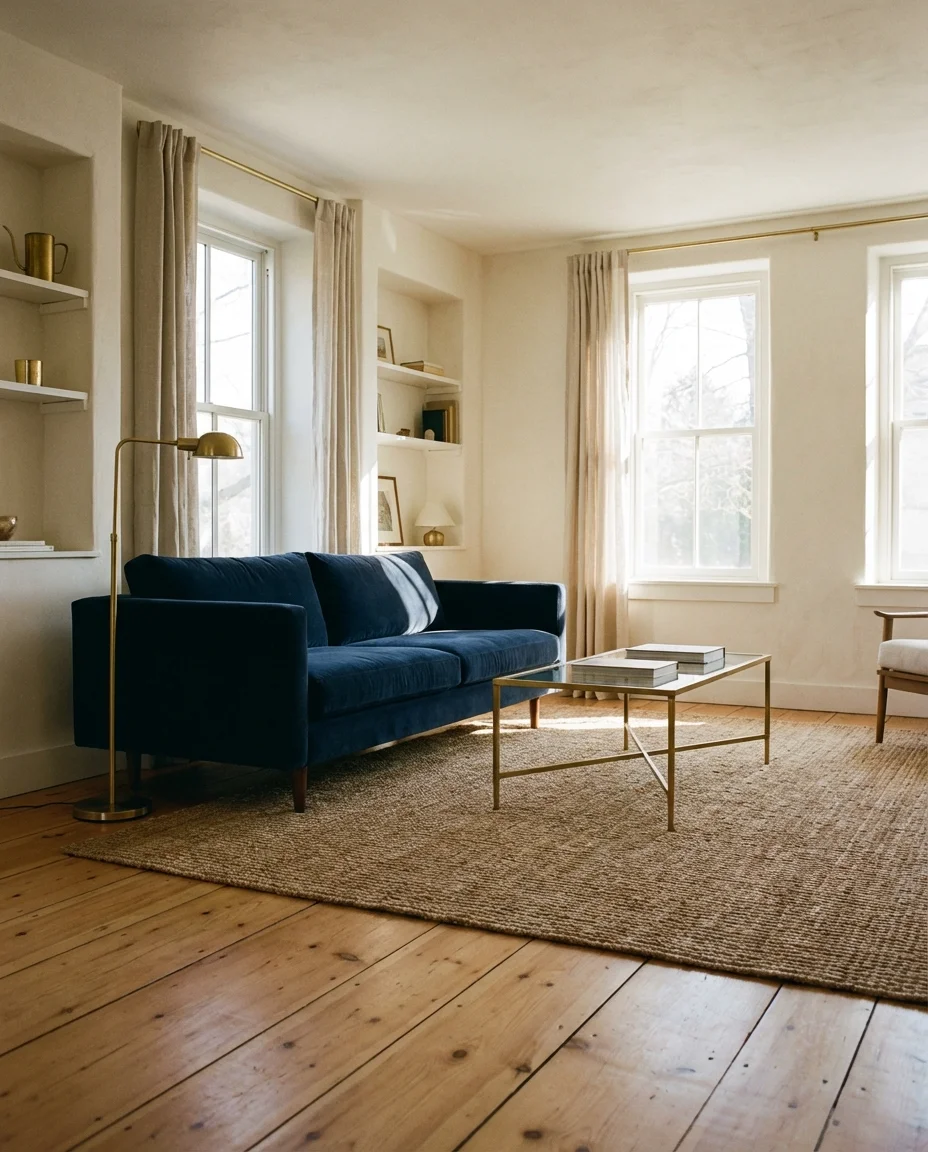 Navy Blue Sofa in a Light Neutral Room 1