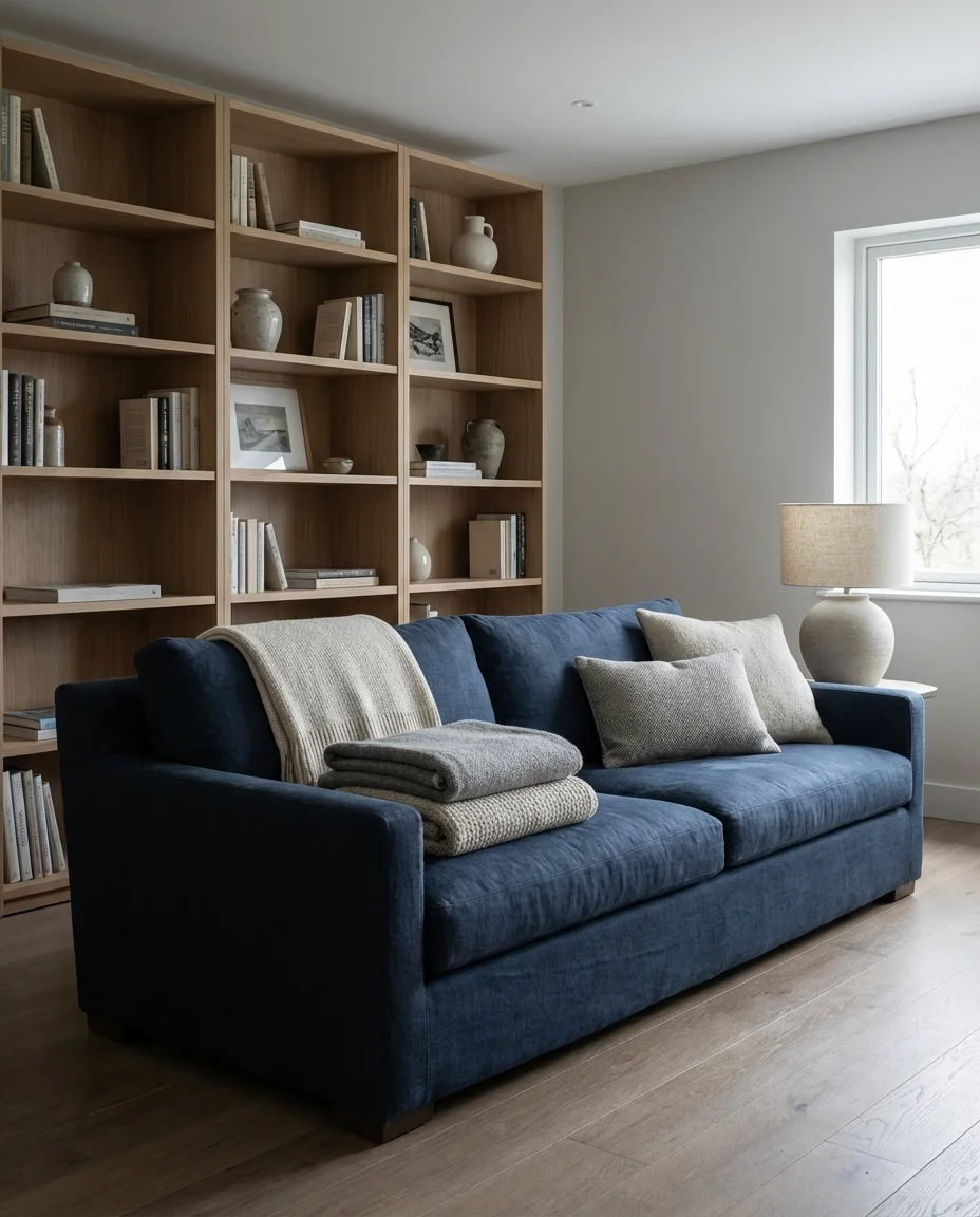 Navy Blue Sofa in a Light Neutral Room 2