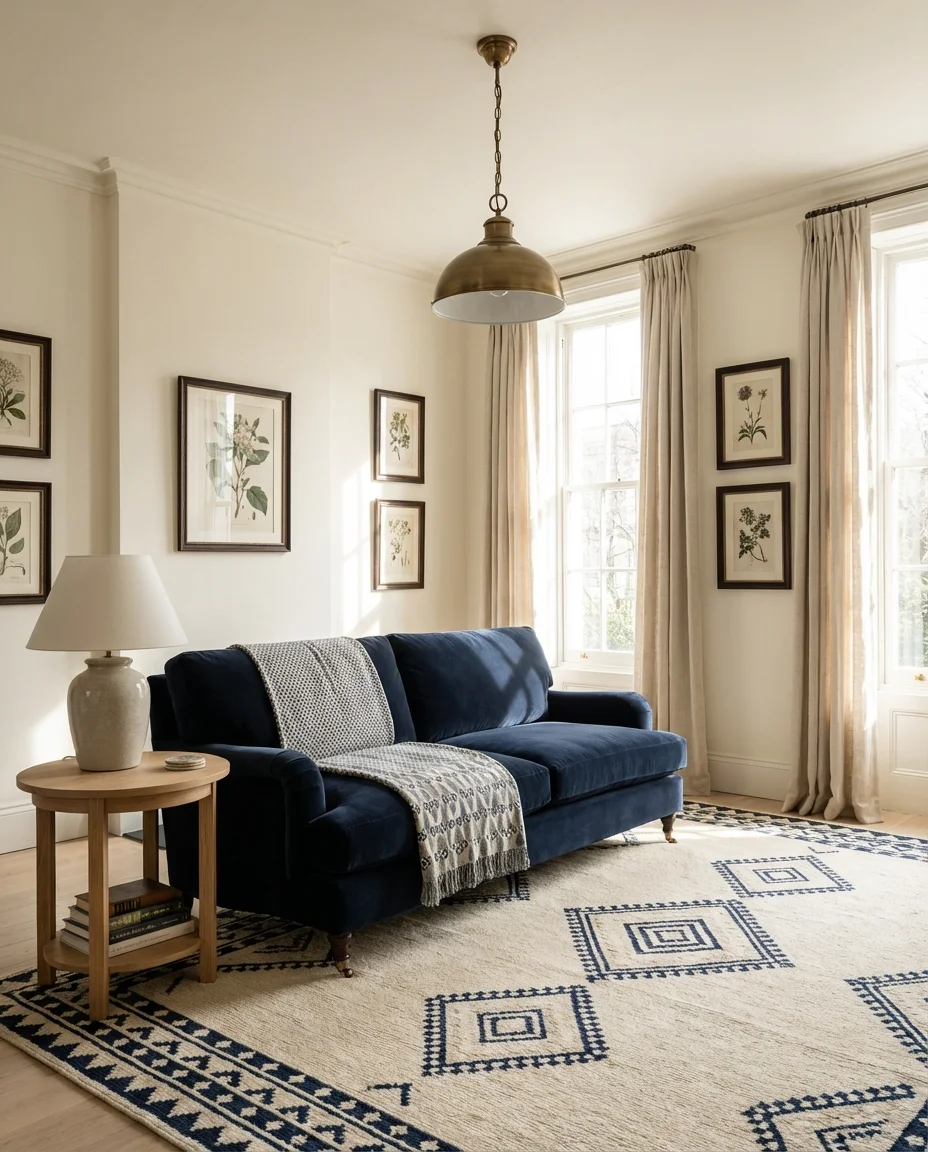 Navy Blue Sofa with Warm Whites and Brass 1